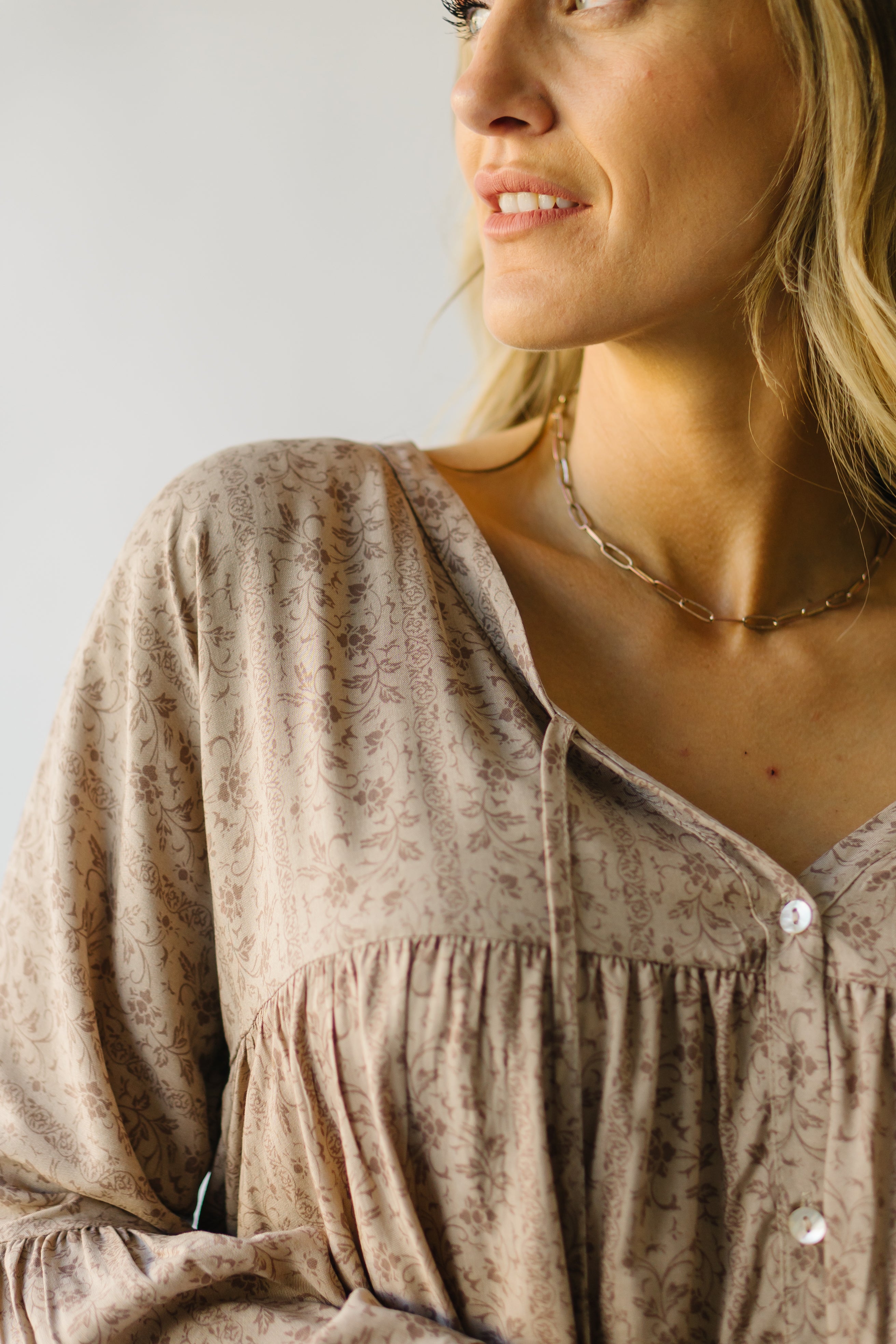 The Craigmont V-Neck Flare Blouse in Taupe