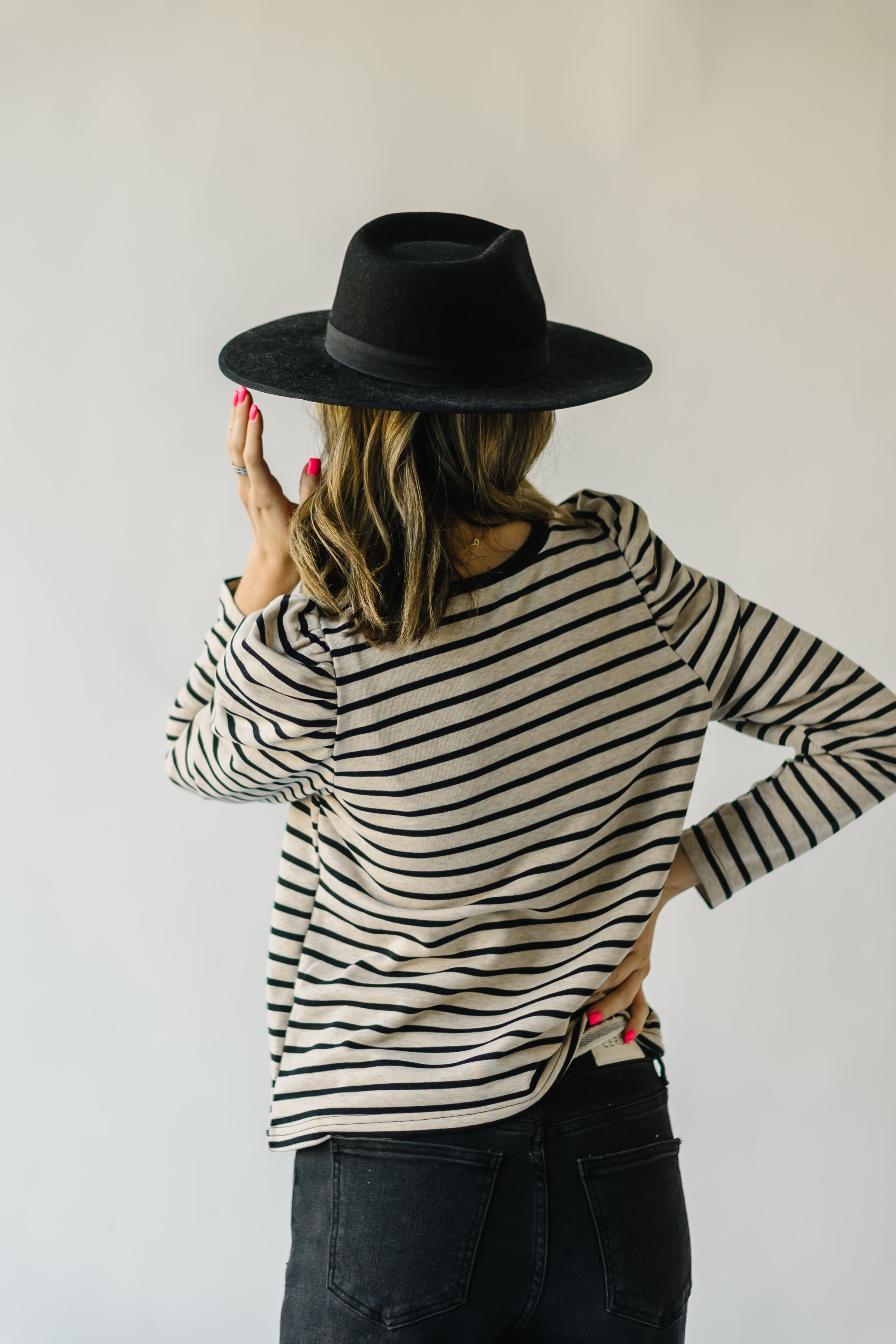 The Delise Puff Sleeve Blouse in Black + Oatmeal Stripe