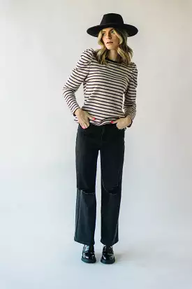 The Delise Puff Sleeve Blouse in Black + Oatmeal Stripe