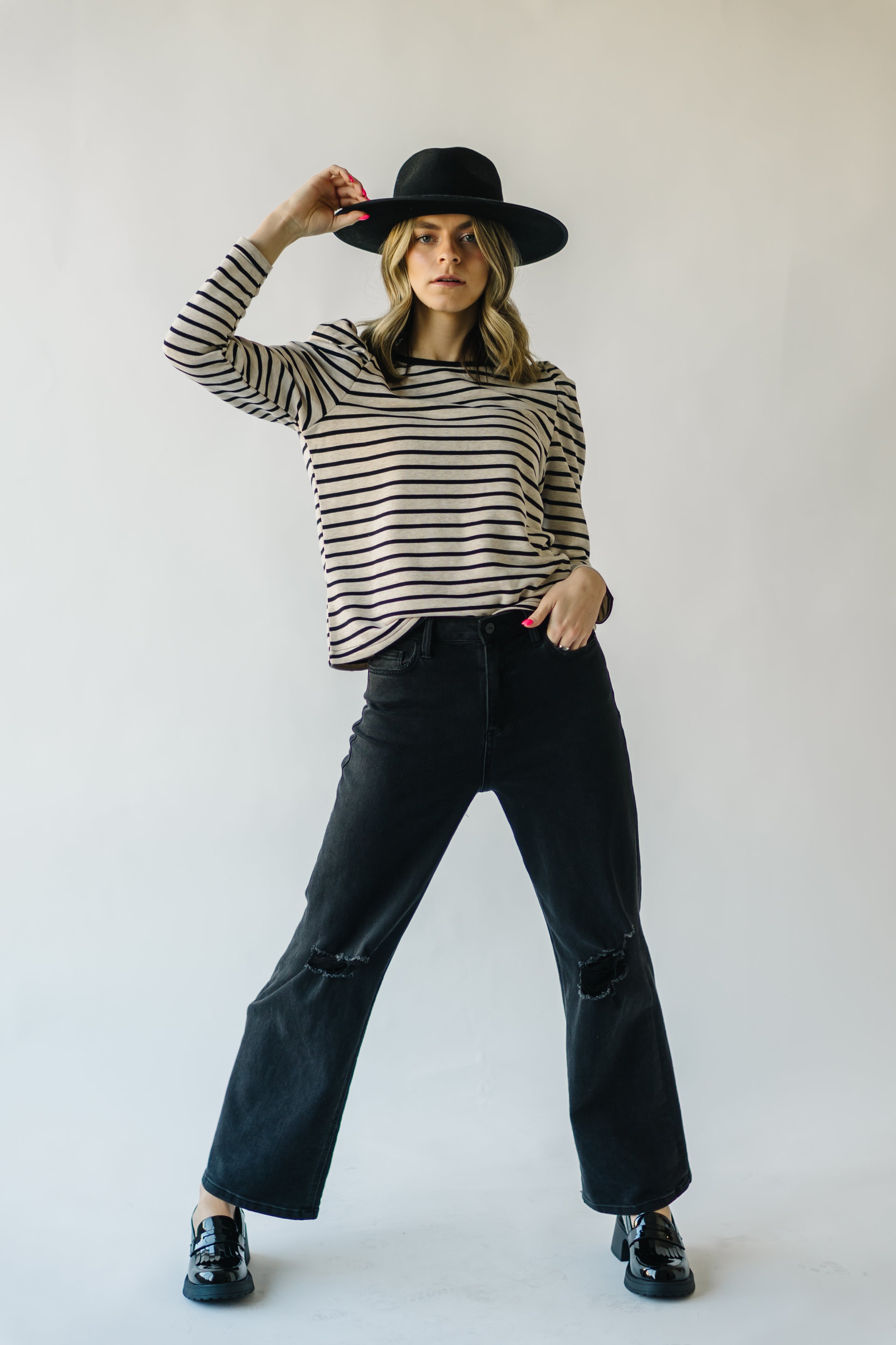 The Delise Puff Sleeve Blouse in Black + Oatmeal Stripe