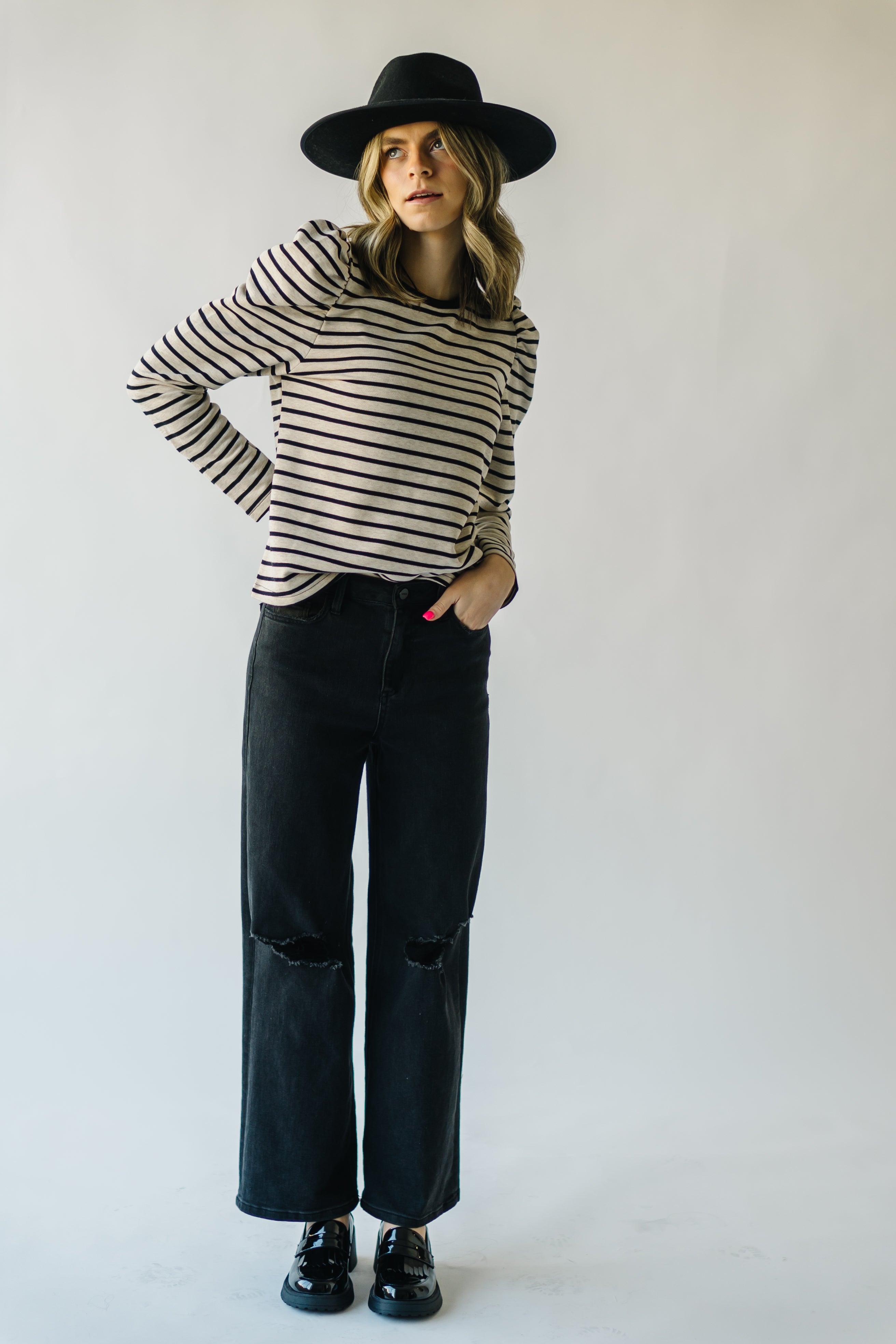 The Delise Puff Sleeve Blouse in Black + Oatmeal Stripe