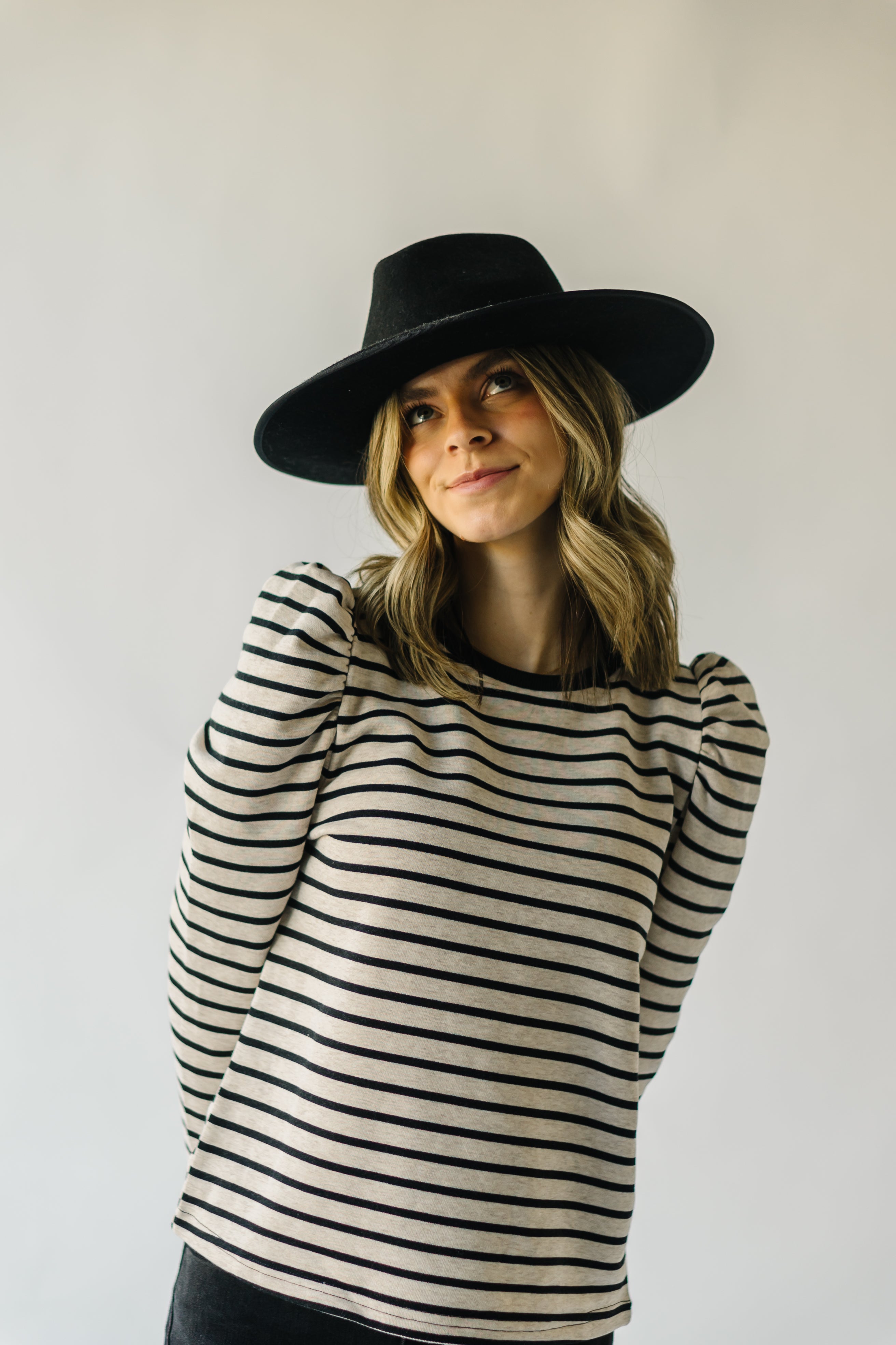 The Delise Puff Sleeve Blouse in Black + Oatmeal Stripe