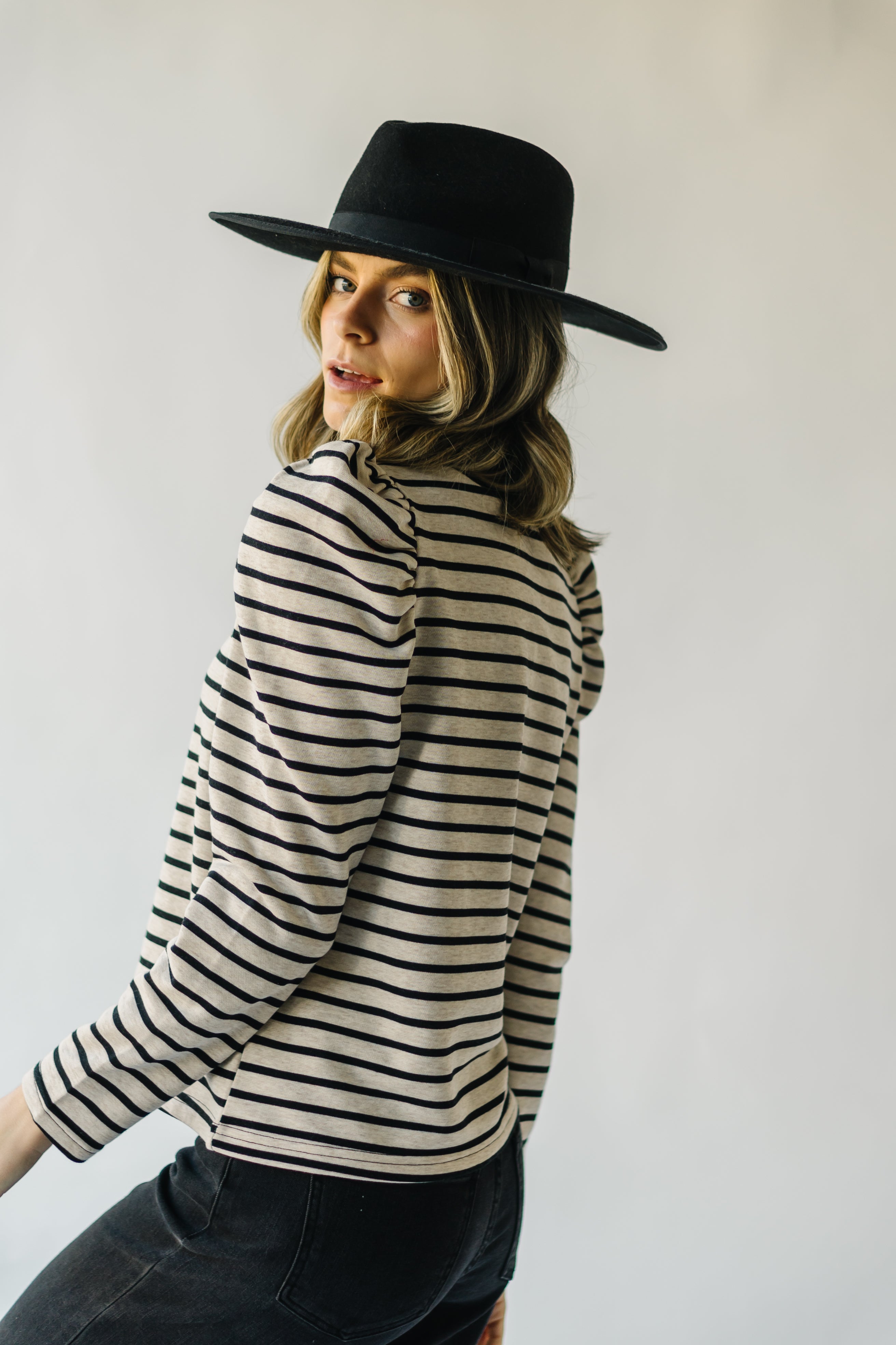 The Delise Puff Sleeve Blouse in Black + Oatmeal Stripe