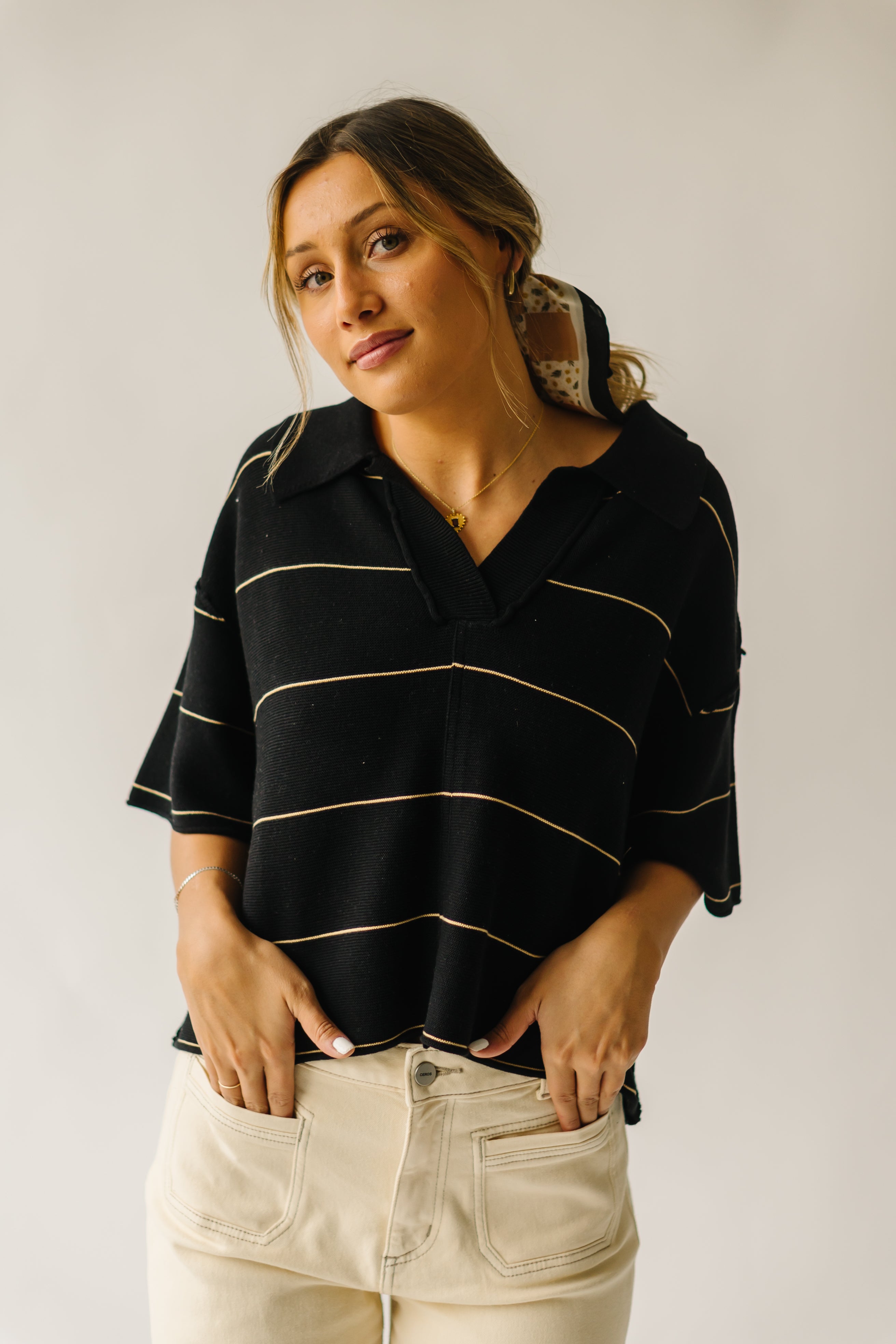 The Dellona Collared Blouse in Black + Tan Stripe