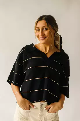 The Dellona Collared Blouse in Black + Tan Stripe