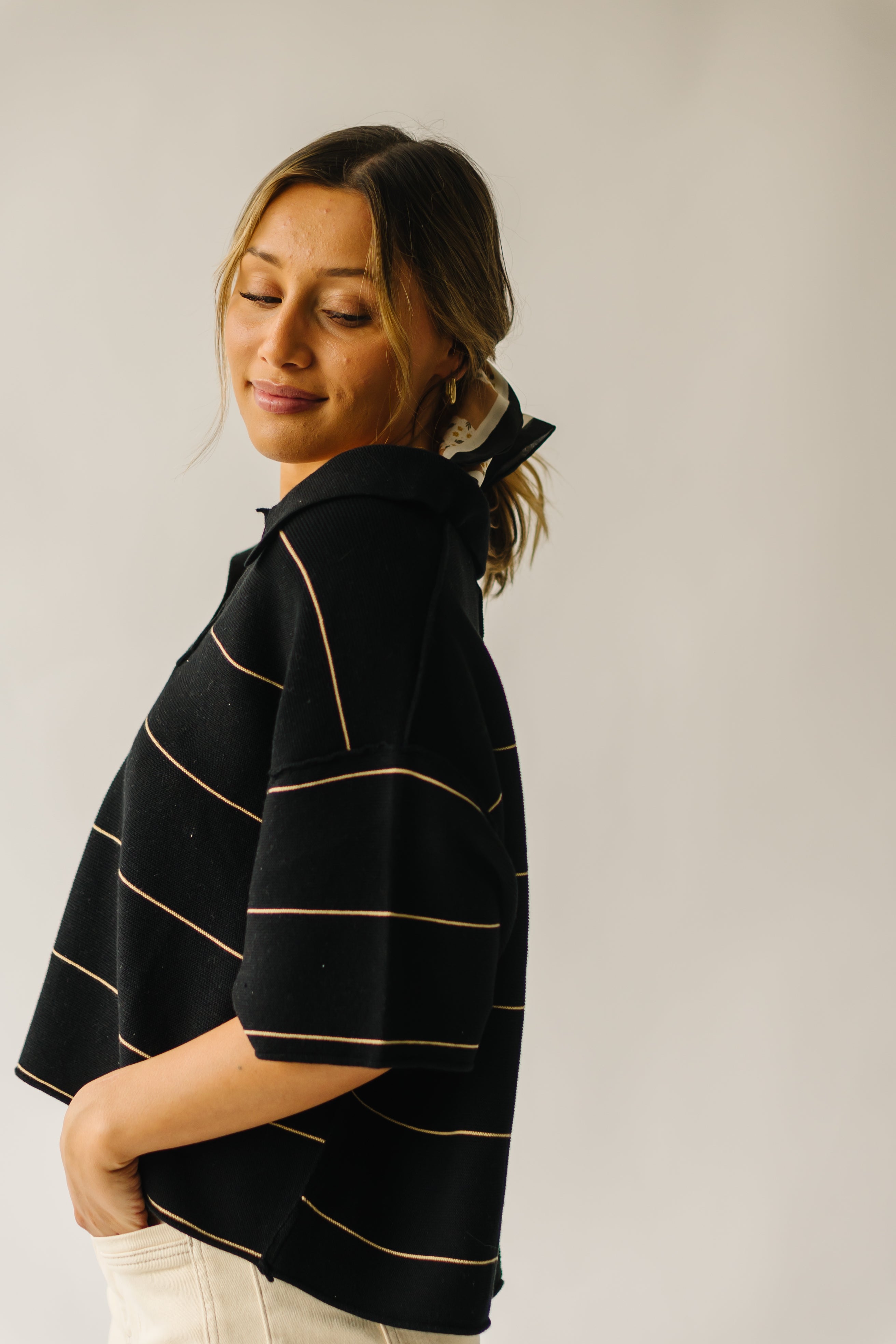 The Dellona Collared Blouse in Black + Tan Stripe