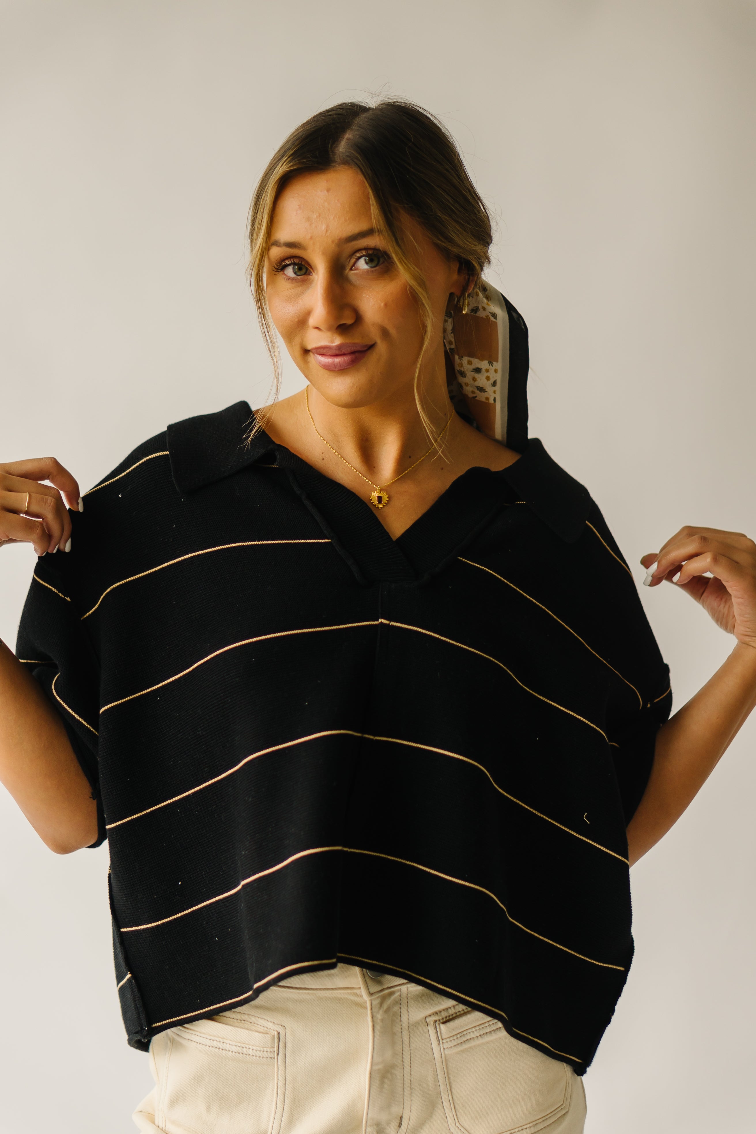 The Dellona Collared Blouse in Black + Tan Stripe