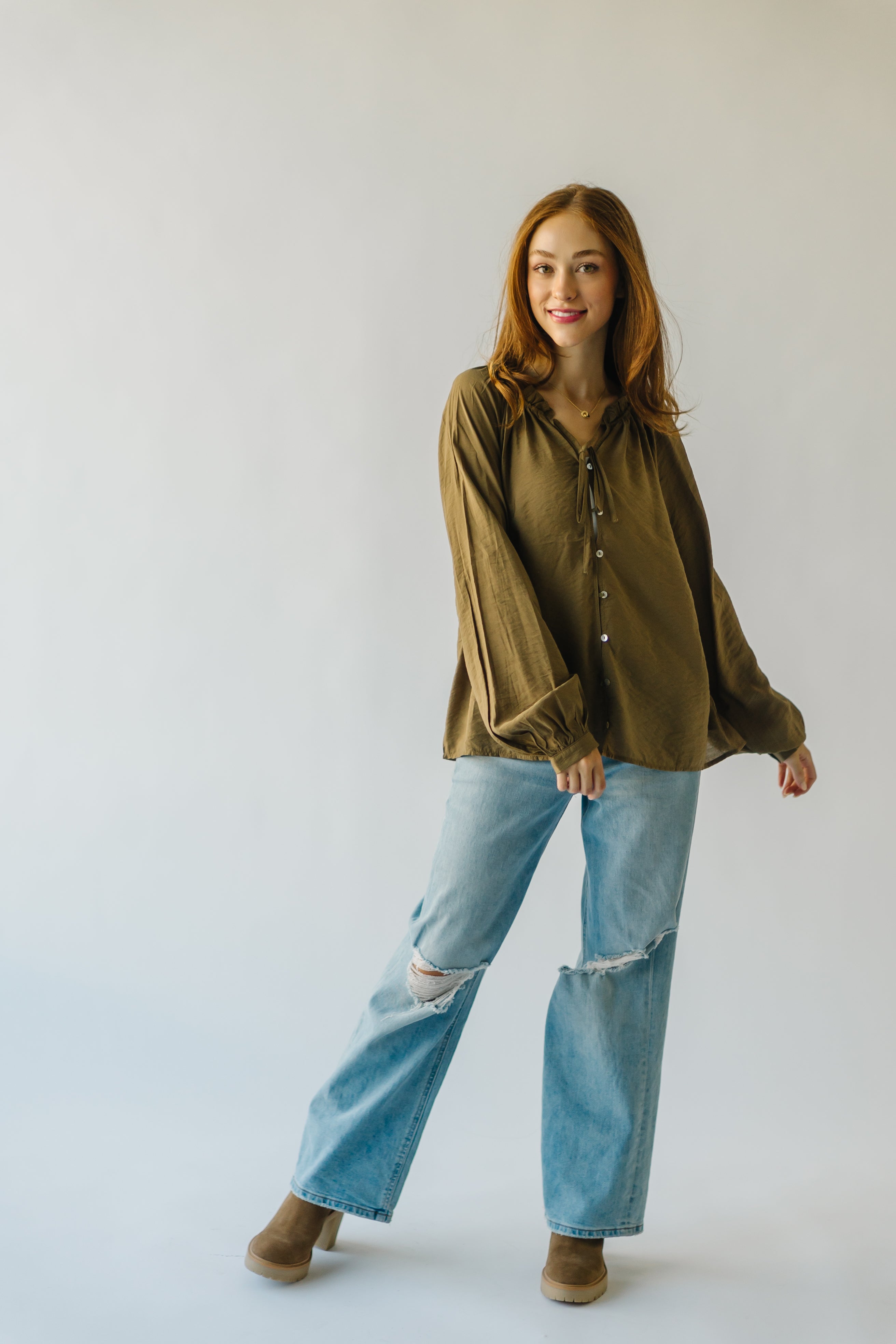 The Delmar Ruffle Detail Blouse in Olive