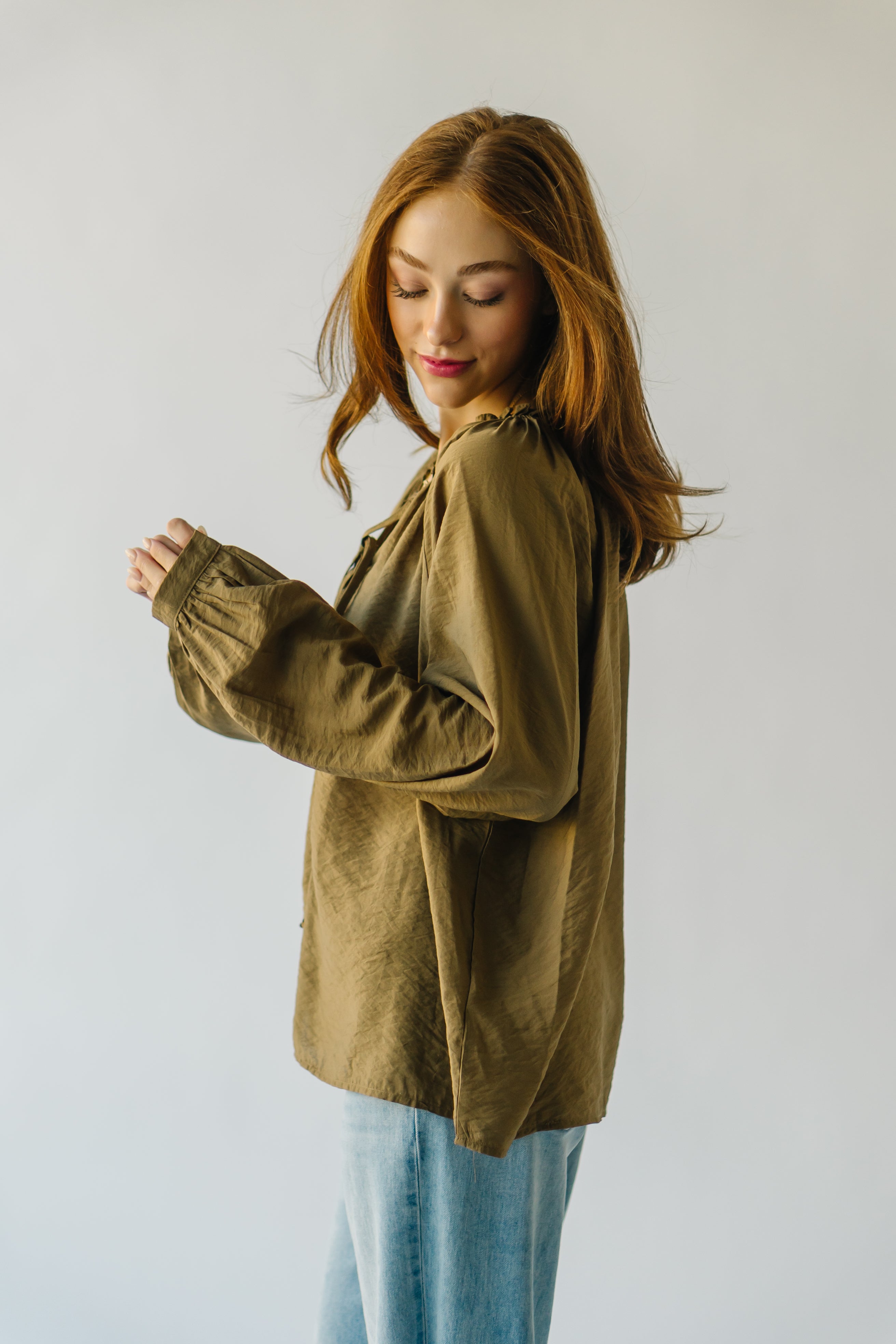 The Delmar Ruffle Detail Blouse in Olive