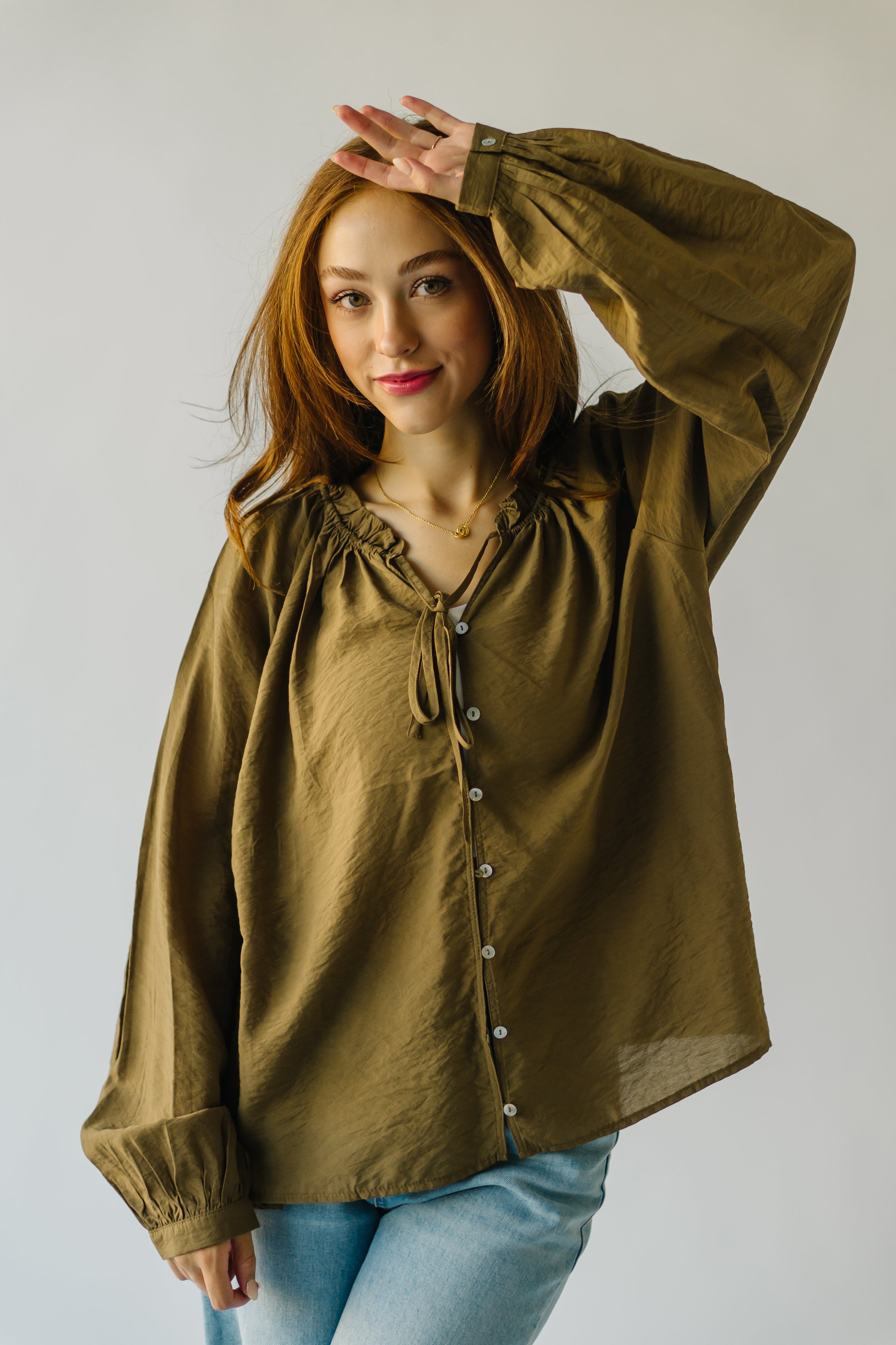 The Delmar Ruffle Detail Blouse in Olive