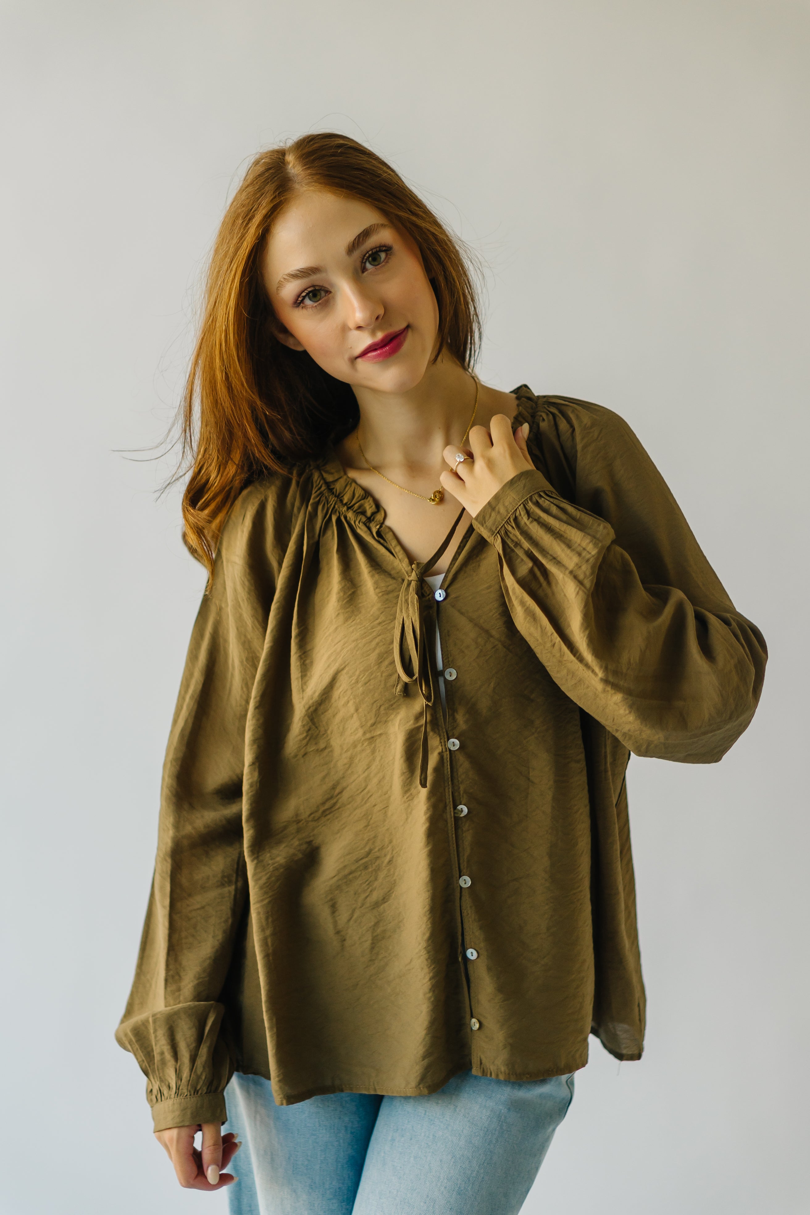 The Delmar Ruffle Detail Blouse in Olive