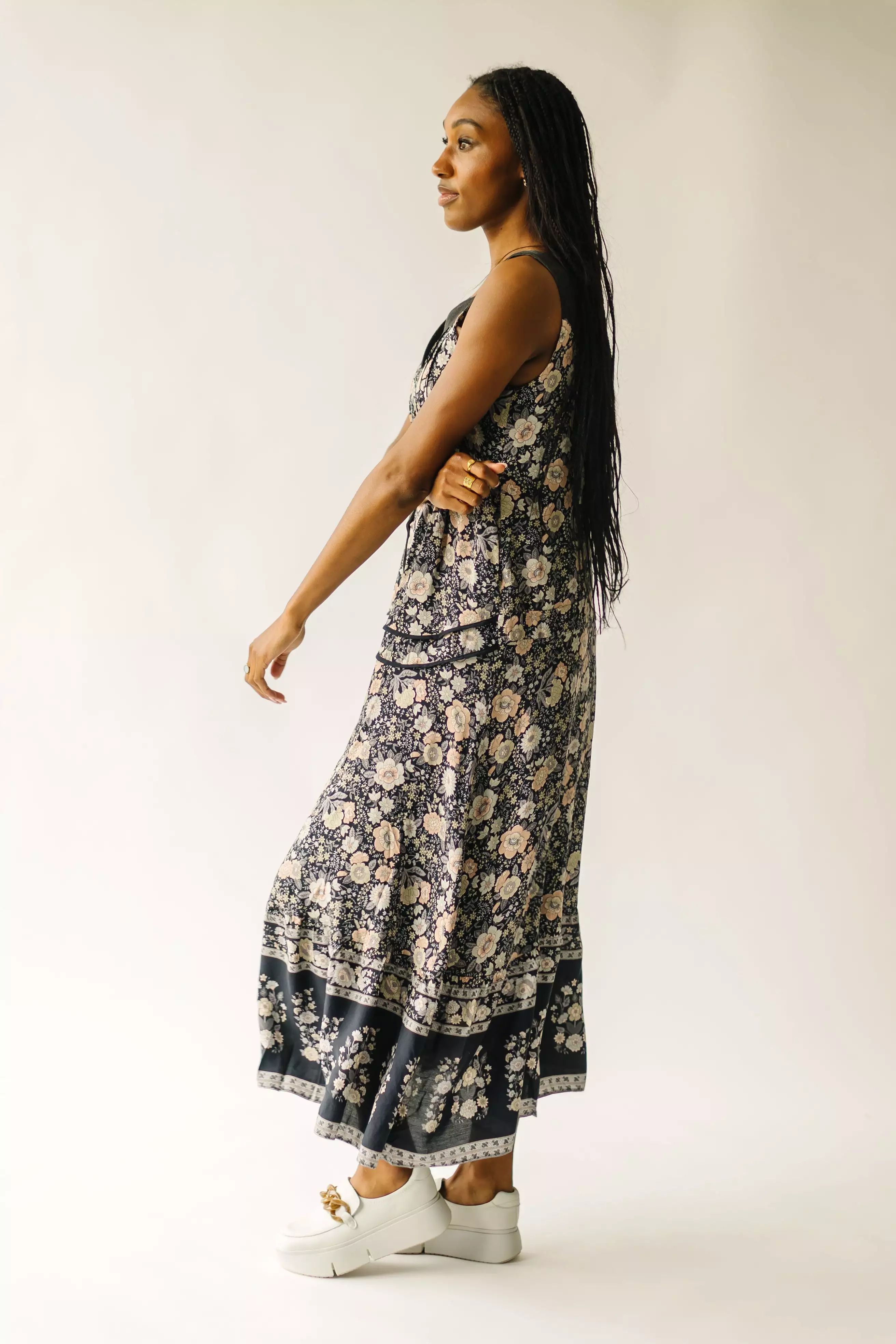 The Ender Mixed Floral V-Neck Maxi Dress in Midnight