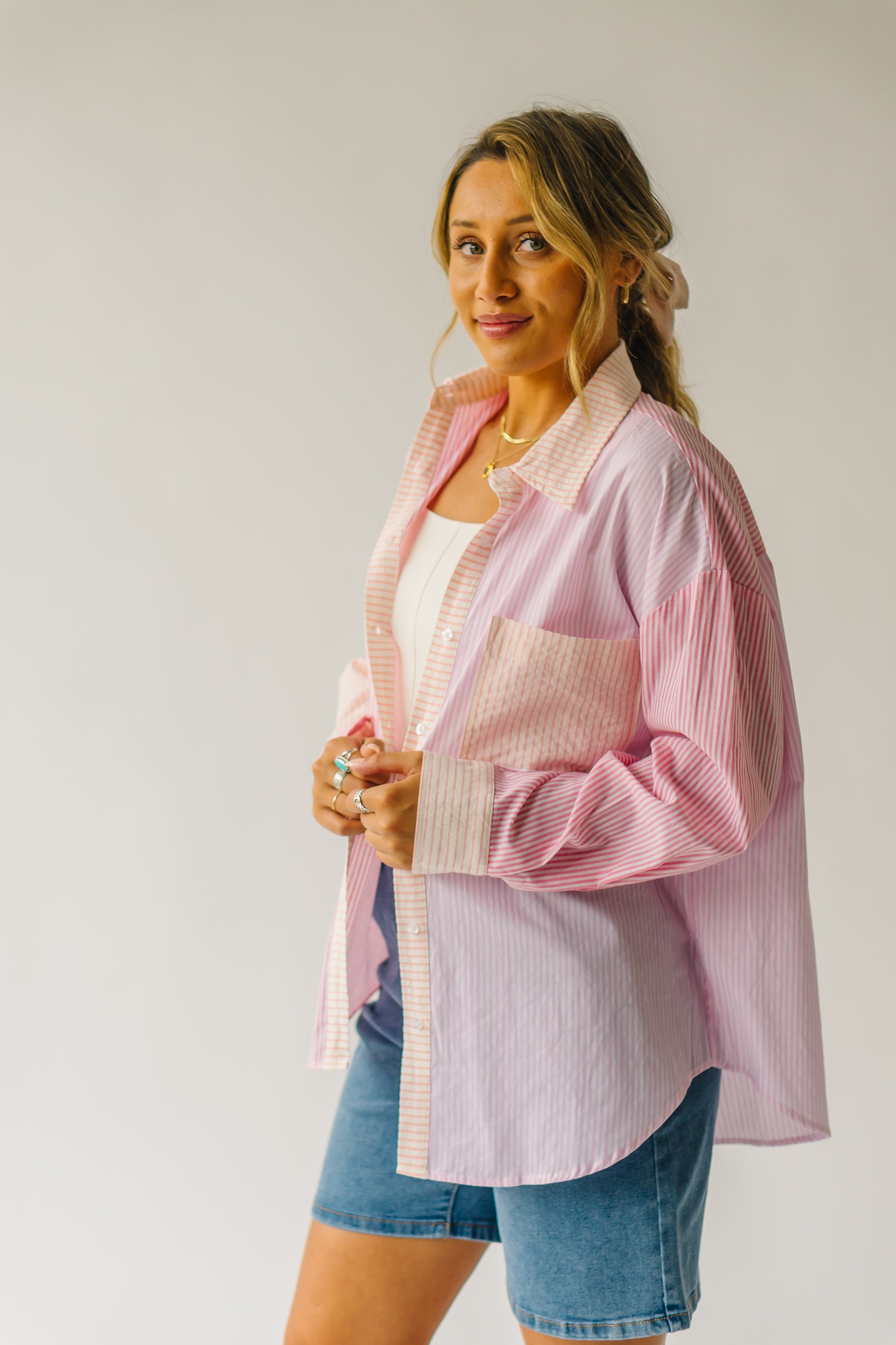 The Jameson Striped Button-Up Blouse in Pink Combo