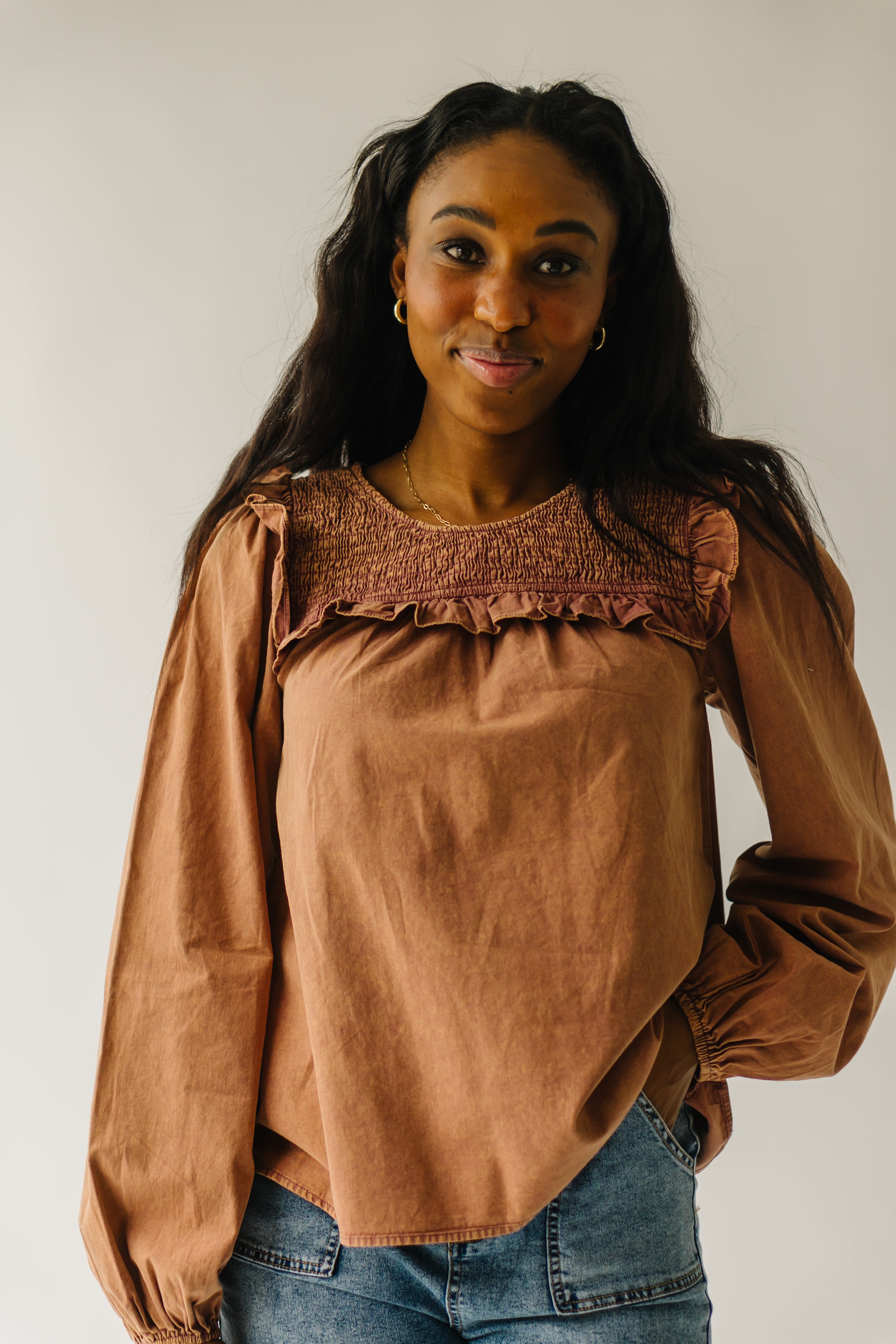 The Kalani Smocked Detail Blouse in Terracotta