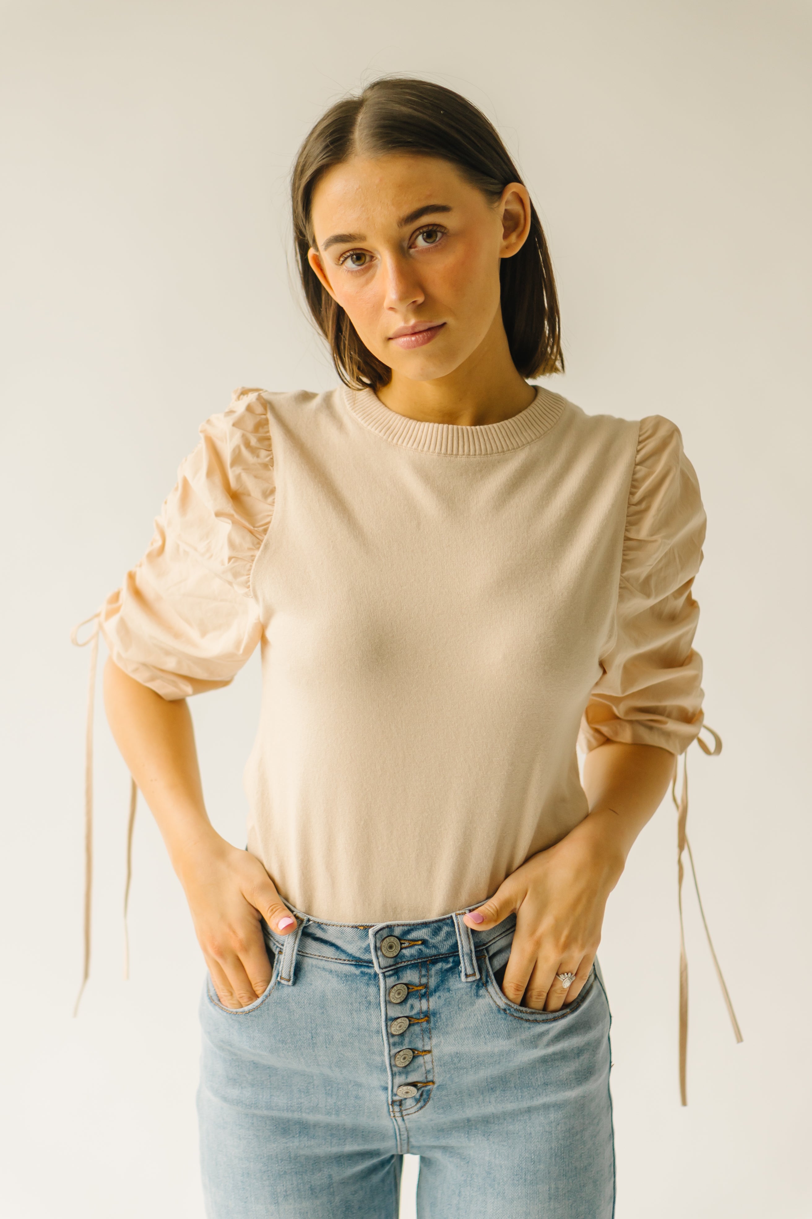 The Lavelle Ruched Sleeve Blouse in Sand