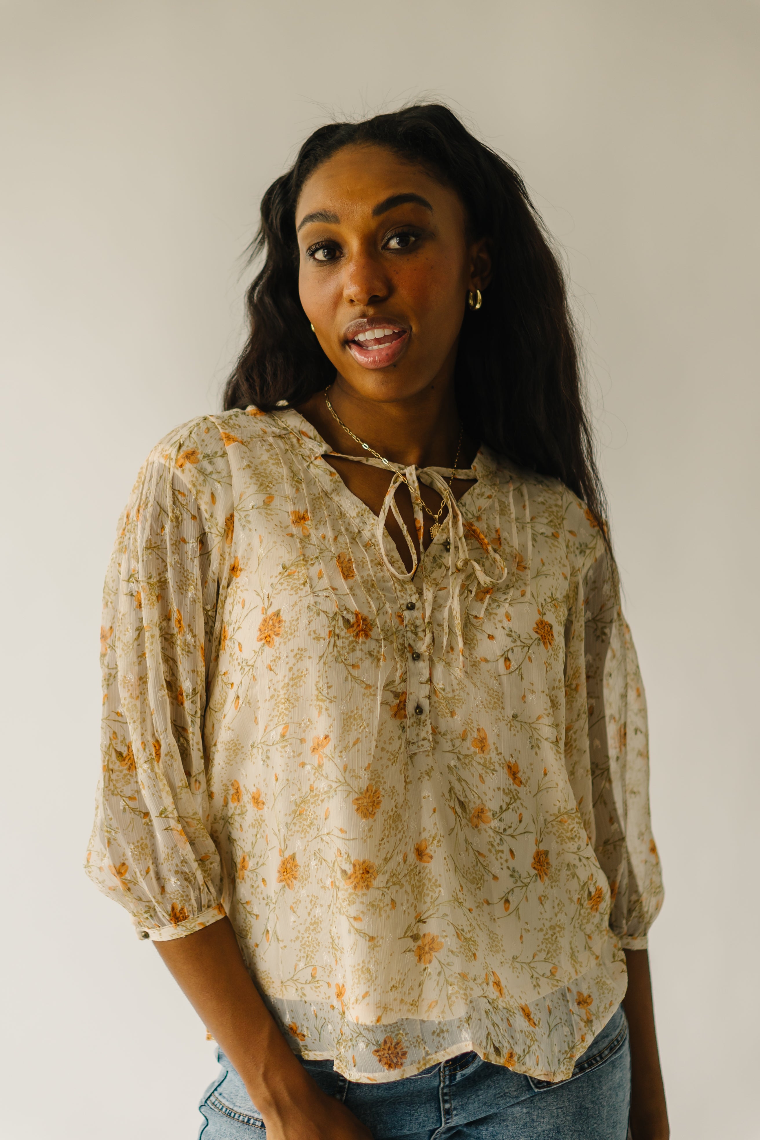 The Lockport Balloon Sleeve Blouse in Cream Multi