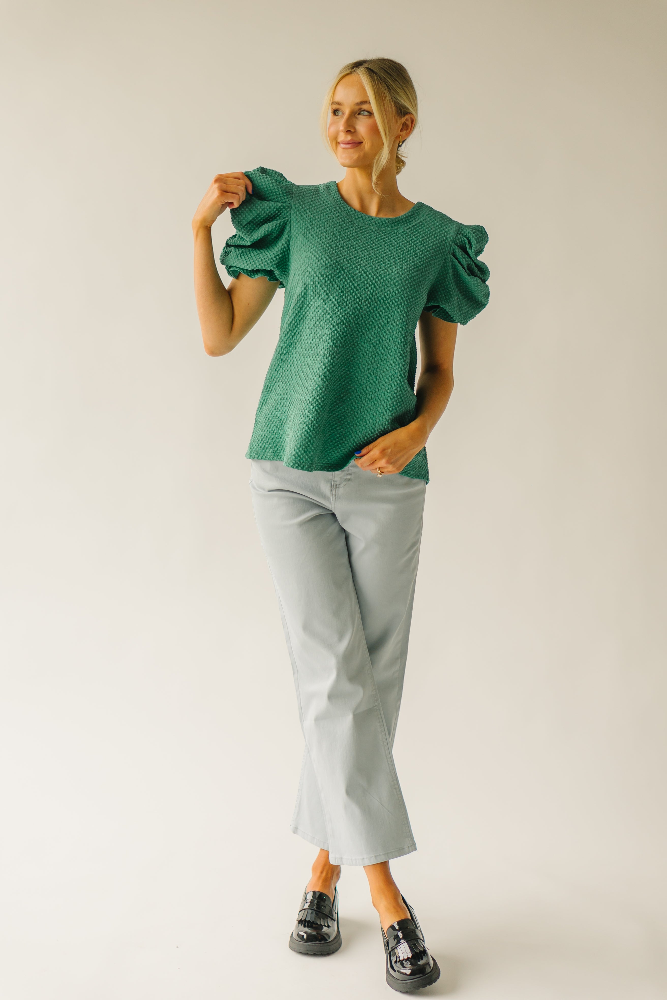 The Markos Pleated Puff Sleeve Blouse in Green