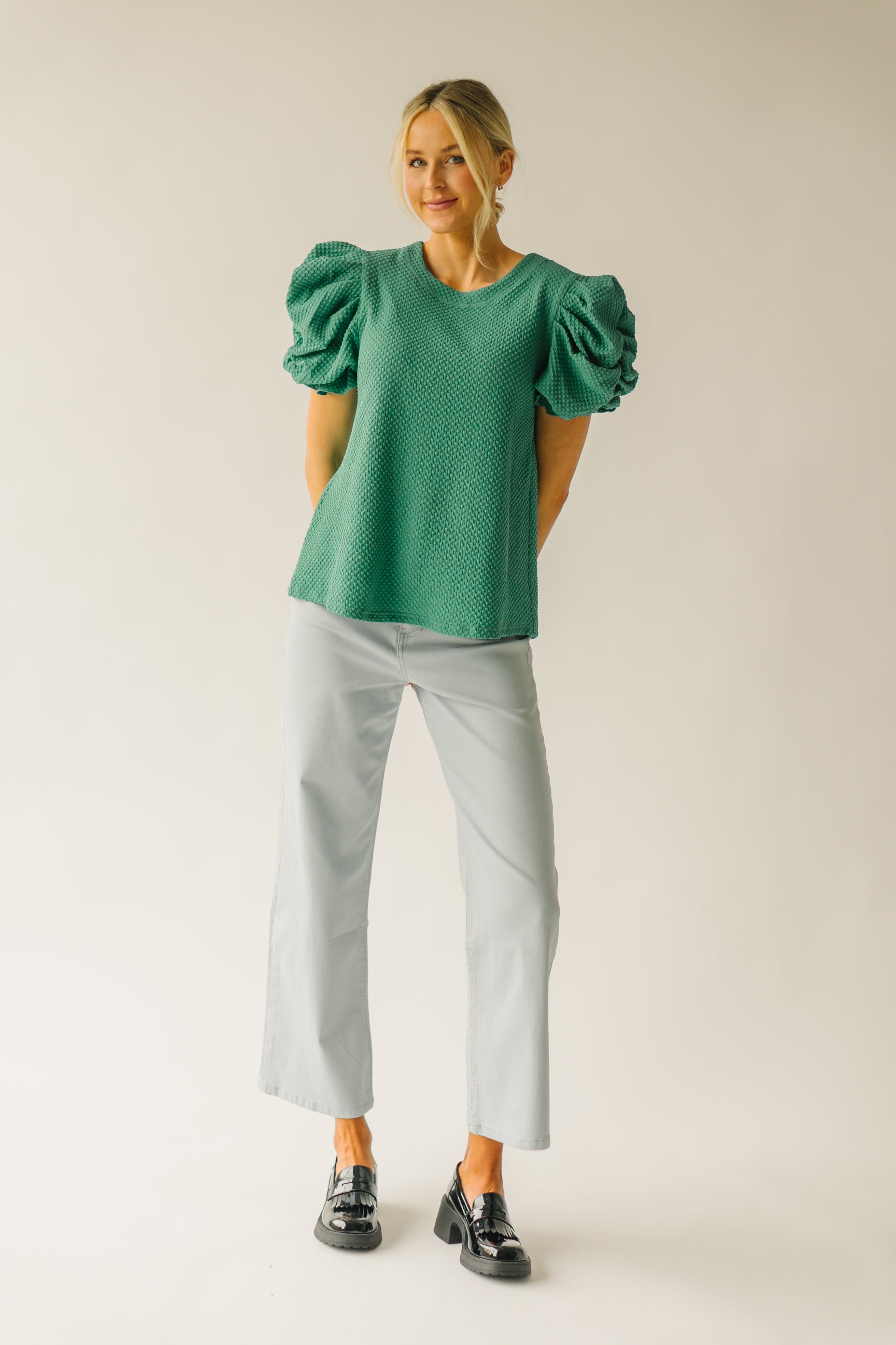 The Markos Pleated Puff Sleeve Blouse in Green