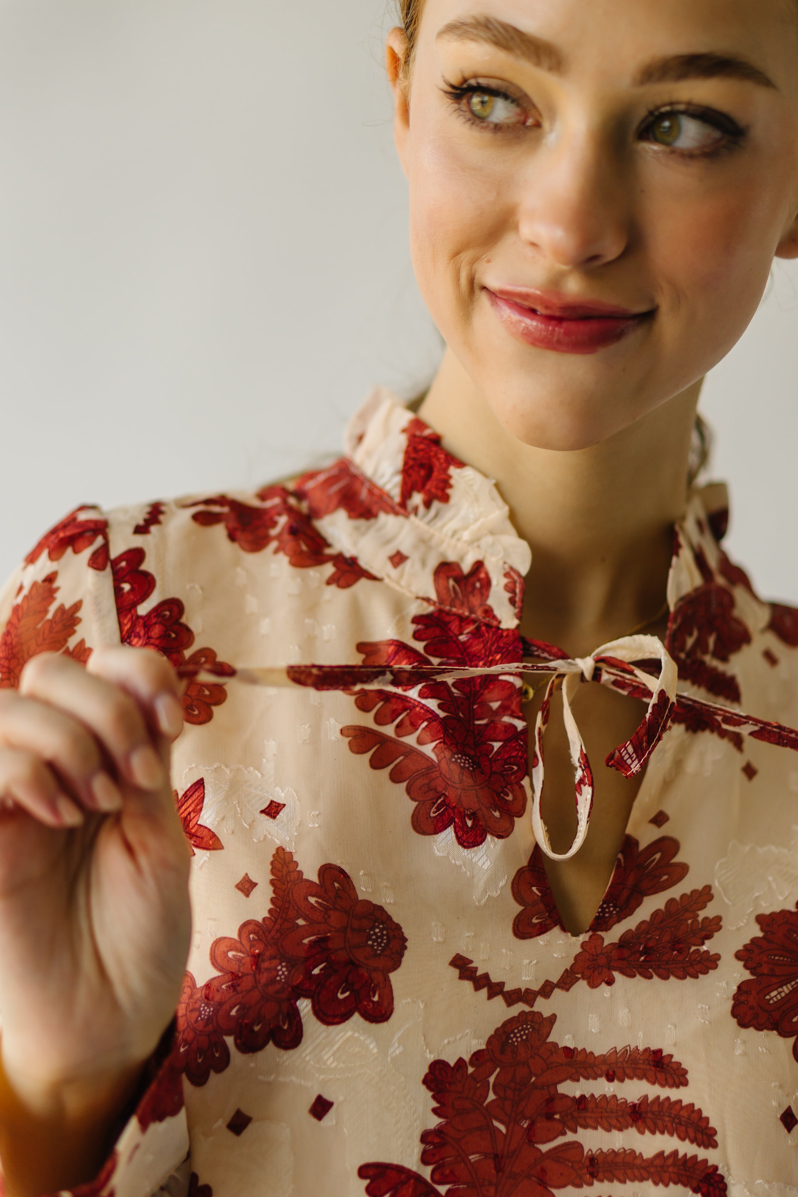 The Medina Ruffle High Neck Blouse in Cream Multi