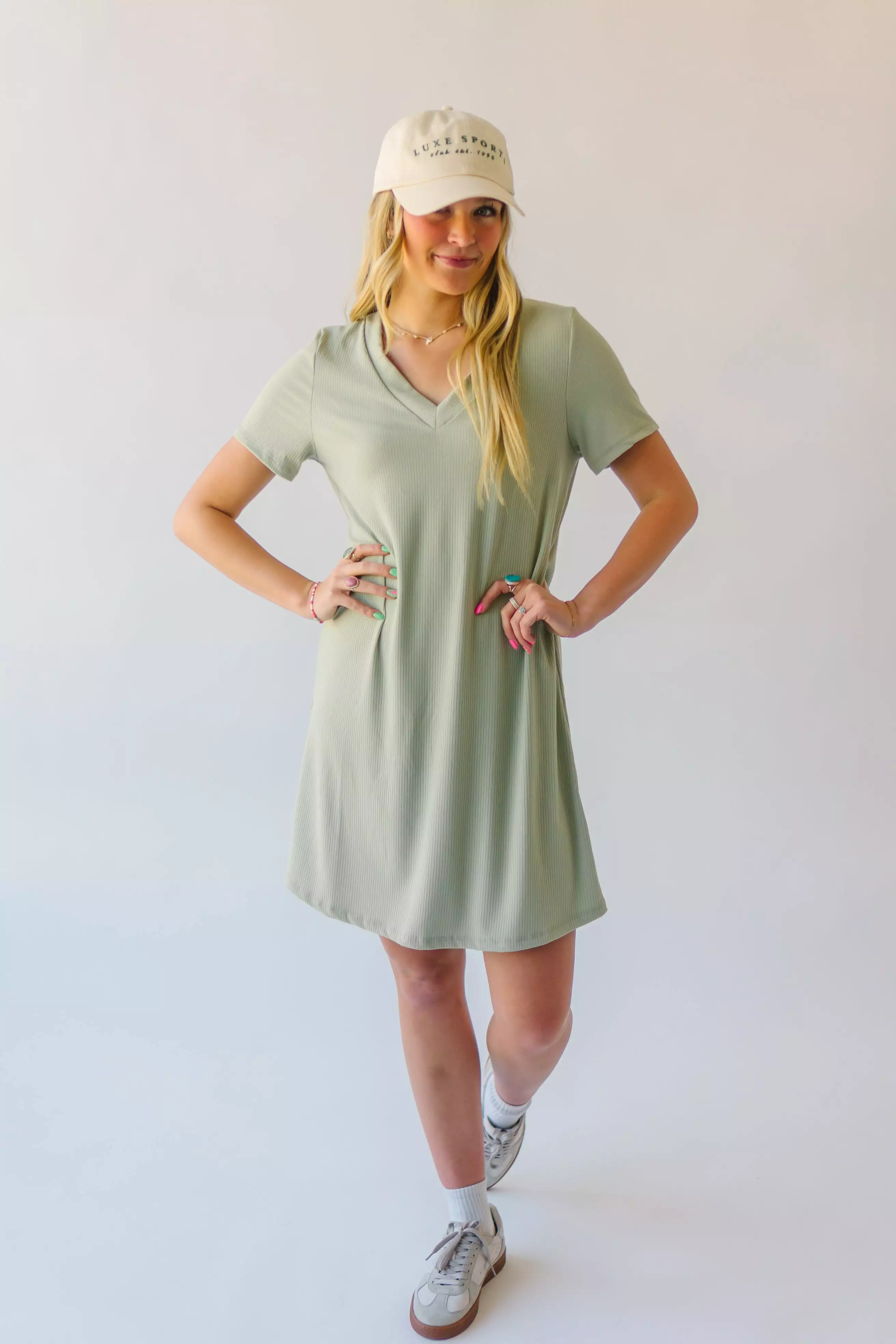 The Nyman Ribbed V-Neck Tee Dress in Sage