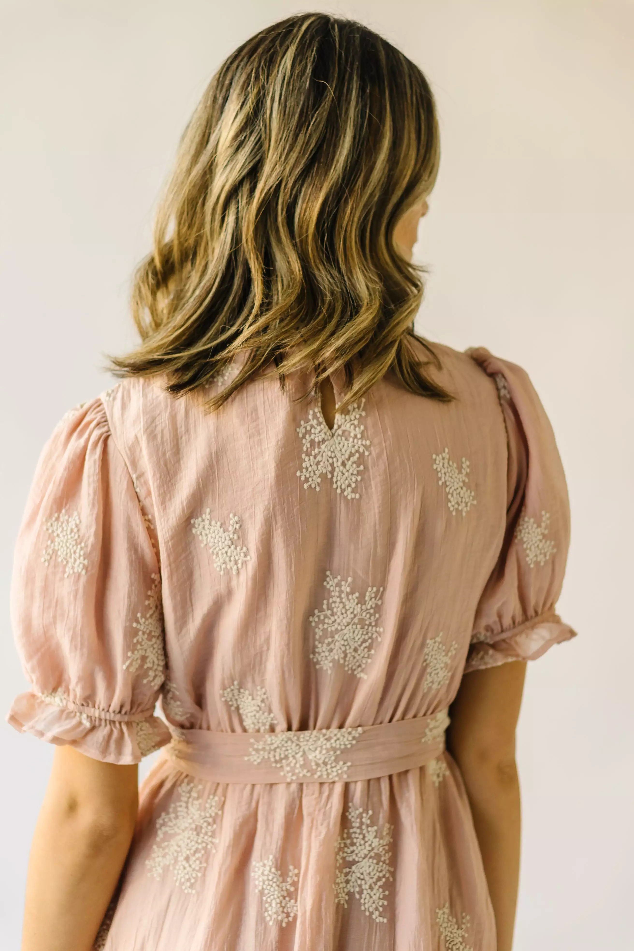 The Pickney V-Neck Embroidered Midi Dress in Blush