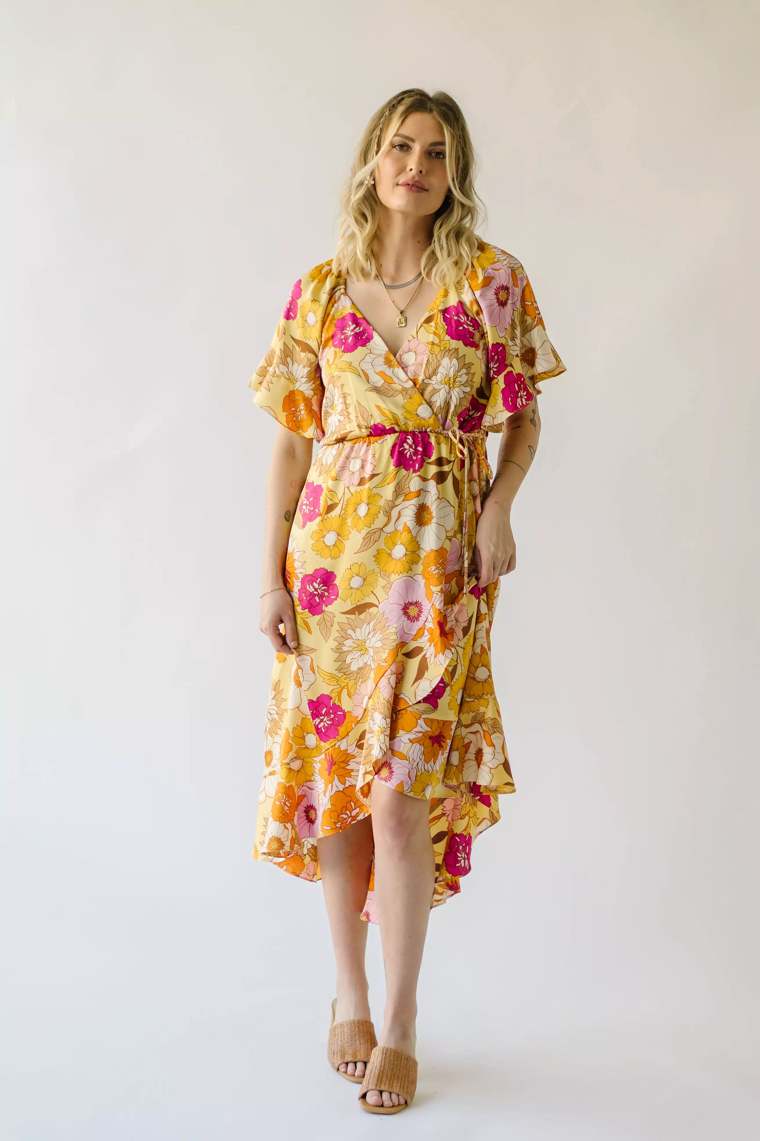 The Spector V-Neck Floral Wrap Dress in Orange + Fuchsia