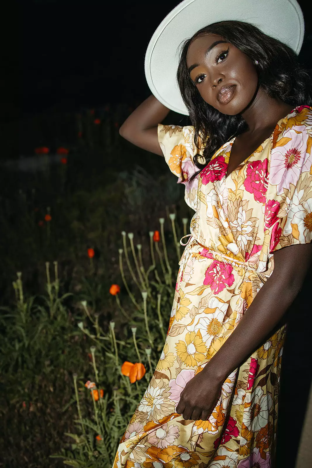 The Spector V-Neck Floral Wrap Dress in Orange + Fuchsia