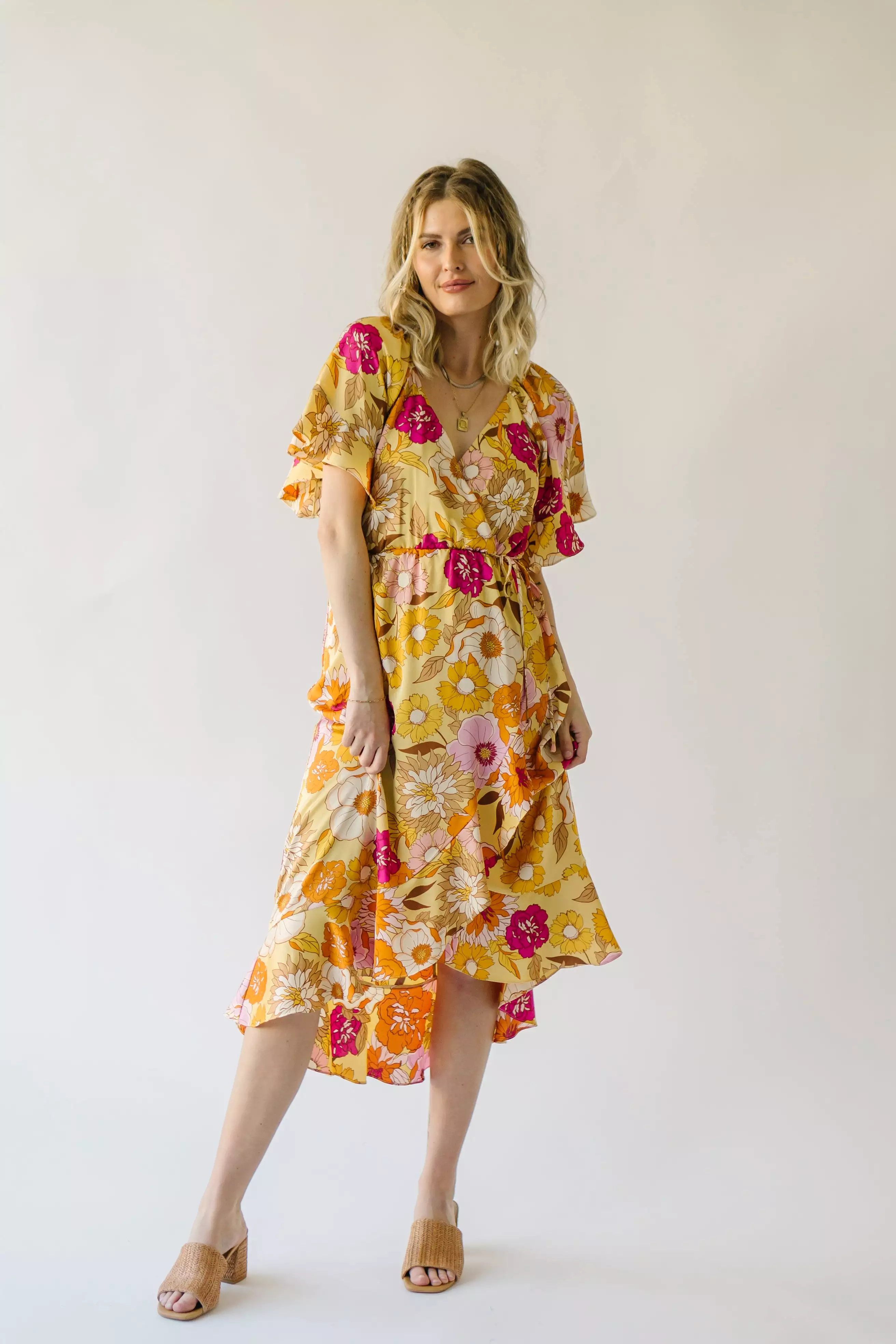 The Spector V-Neck Floral Wrap Dress in Orange + Fuchsia