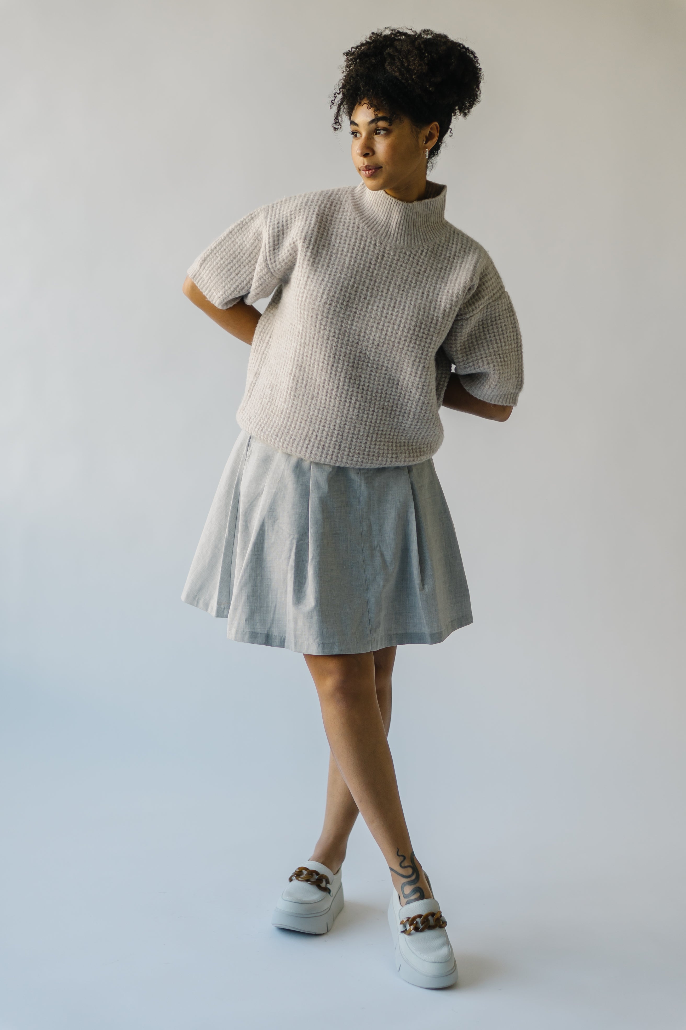 The Swiney Waffle Knit Mock Neck Blouse in Sand