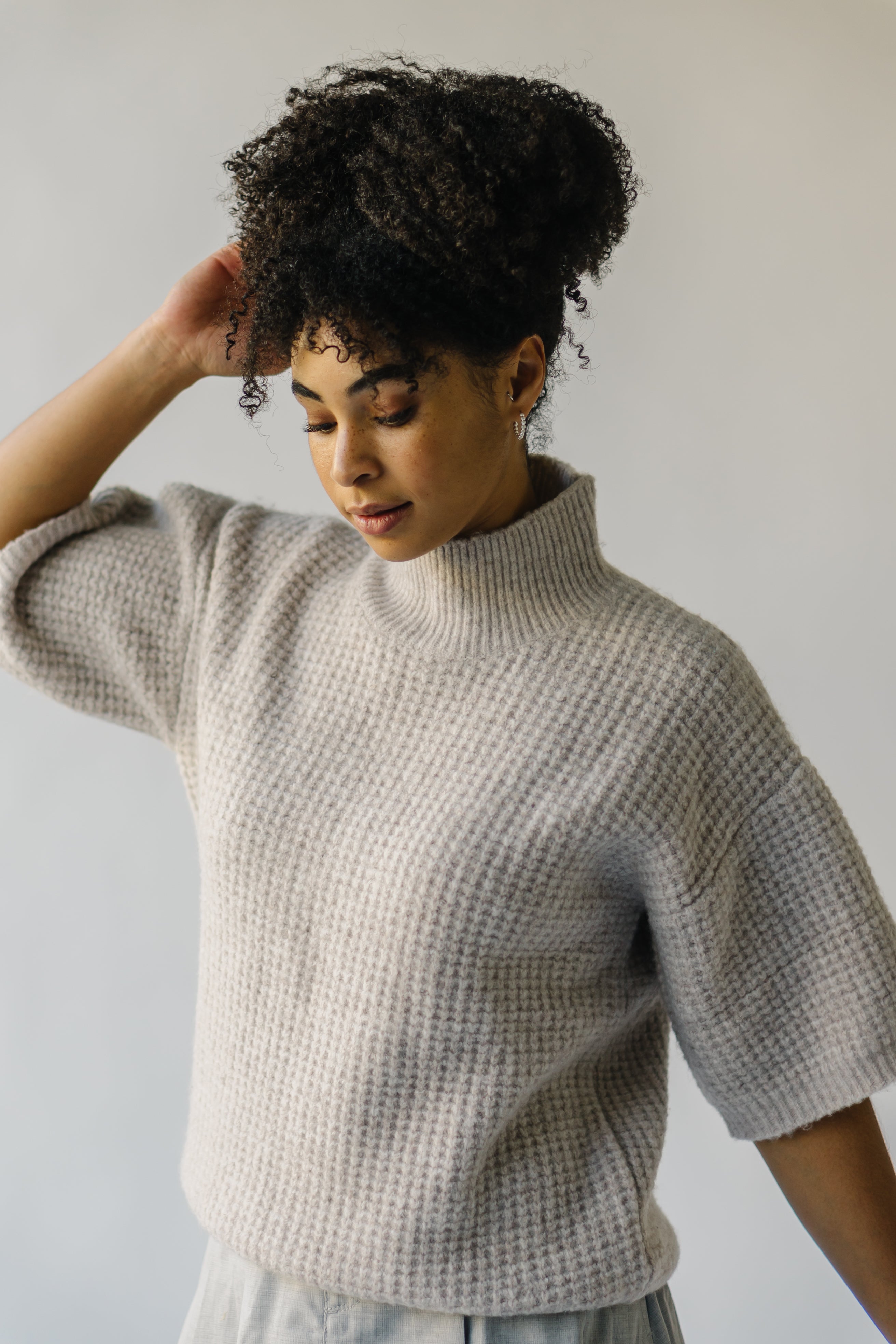 The Swiney Waffle Knit Mock Neck Blouse in Sand