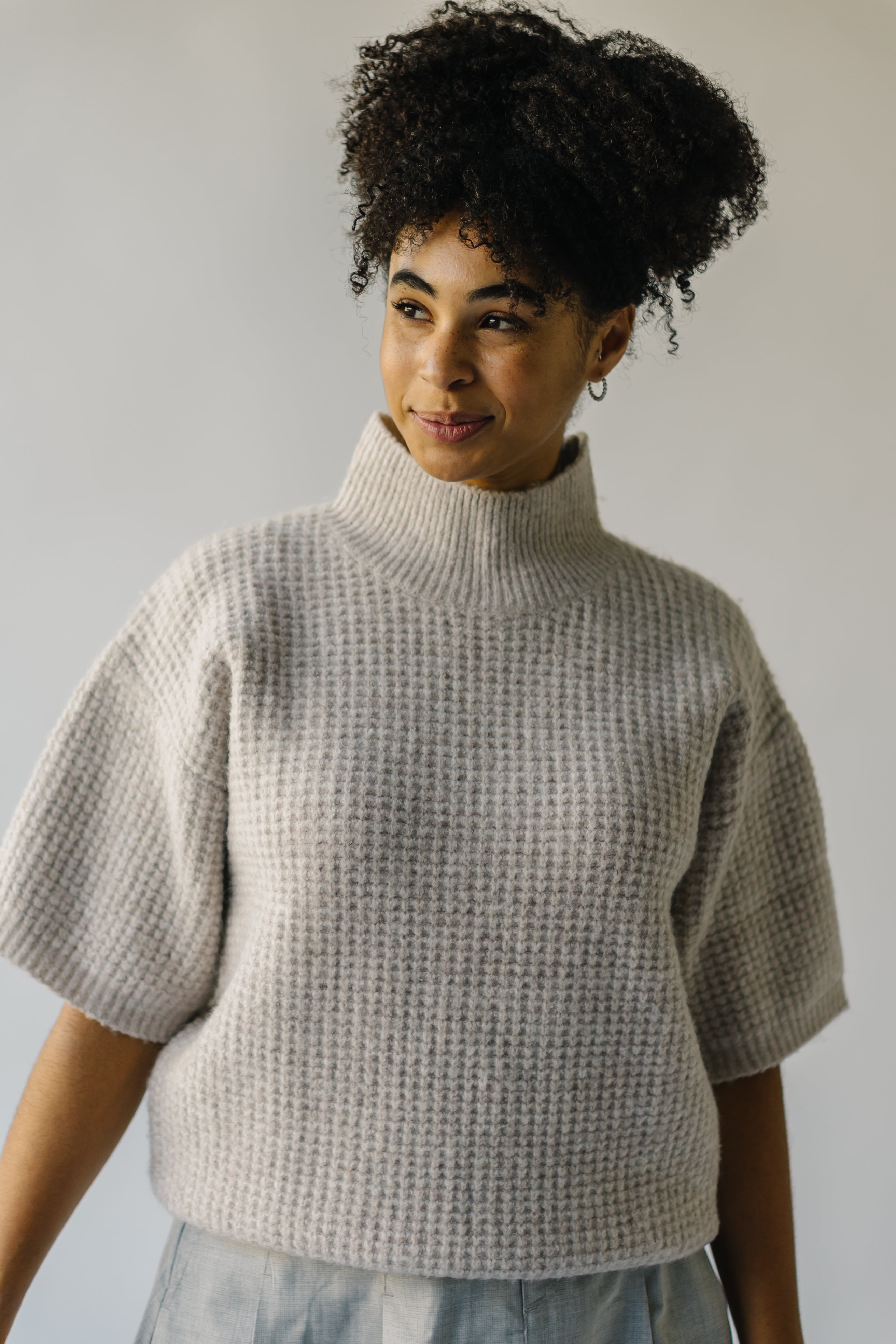 The Swiney Waffle Knit Mock Neck Blouse in Sand