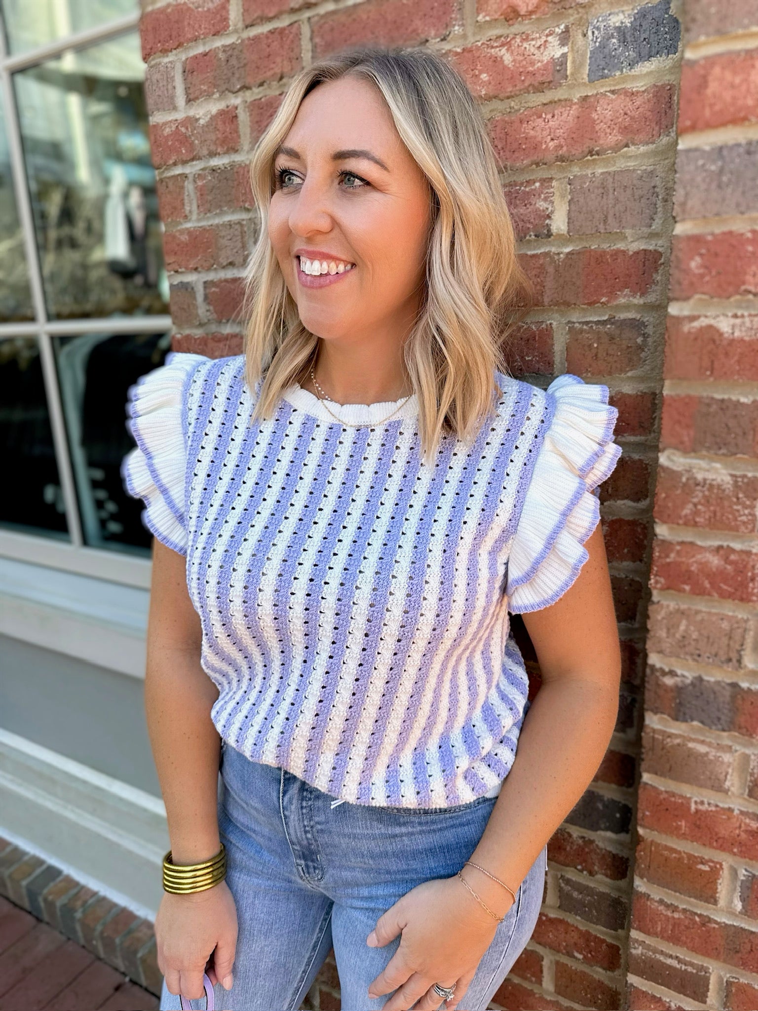 To Run Away Striped Knit Ruffled Sweater