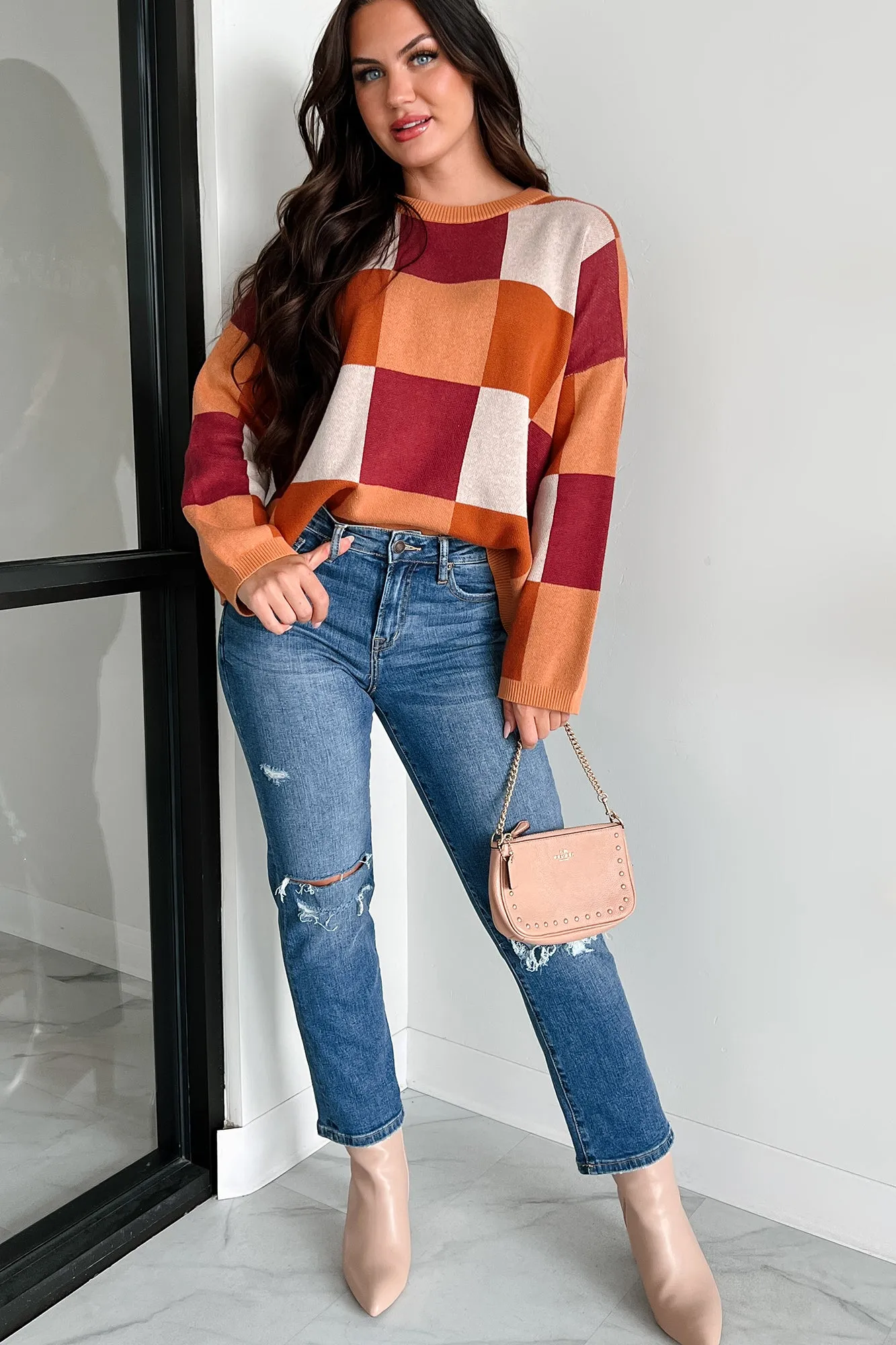 Under The Falling Leaves Colorblock Sweater (Brick Multi)