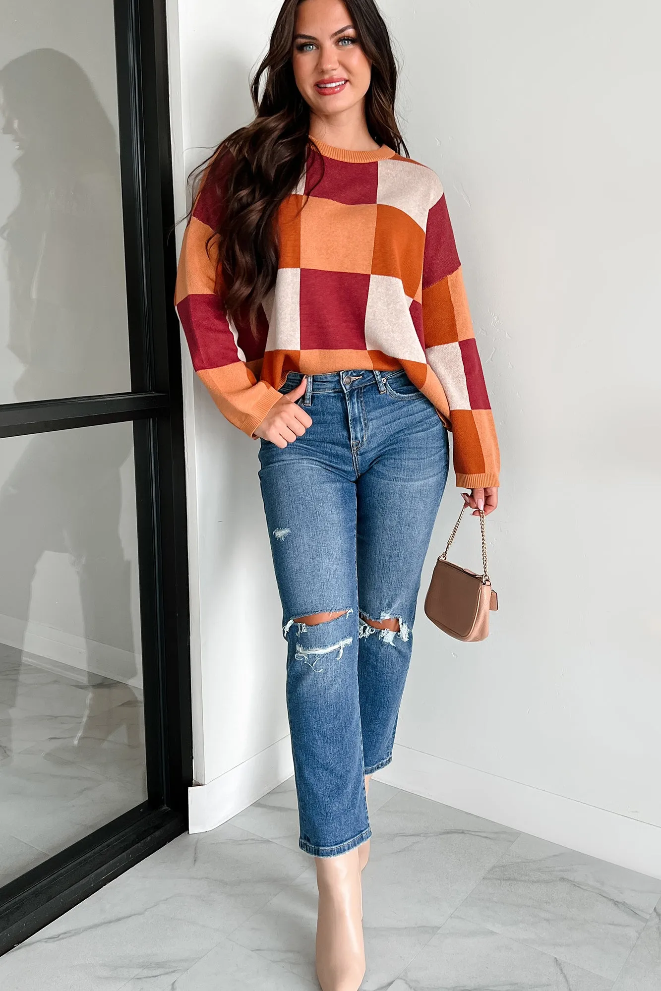 Under The Falling Leaves Colorblock Sweater (Brick Multi)