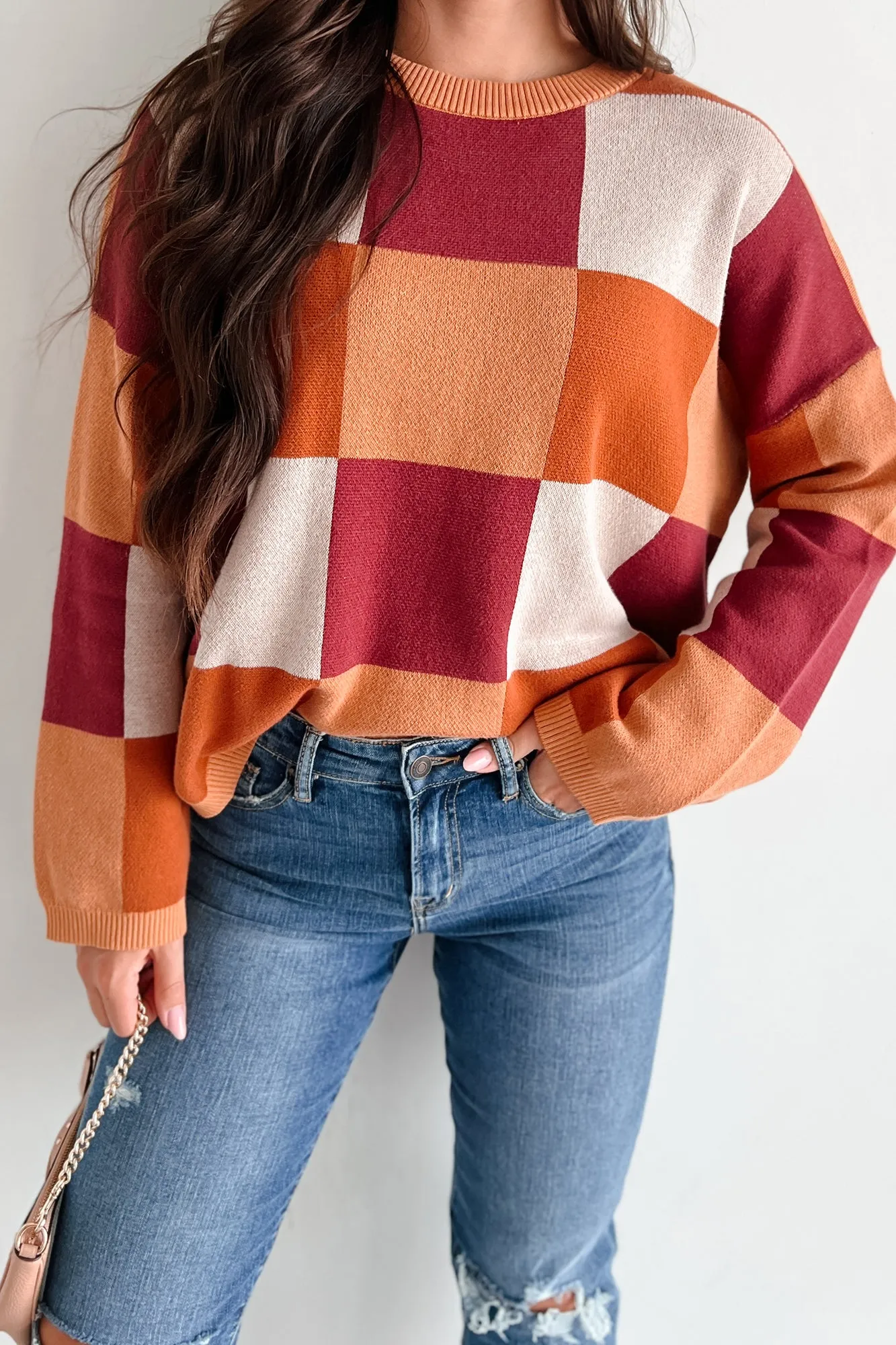 Under The Falling Leaves Colorblock Sweater (Brick Multi)