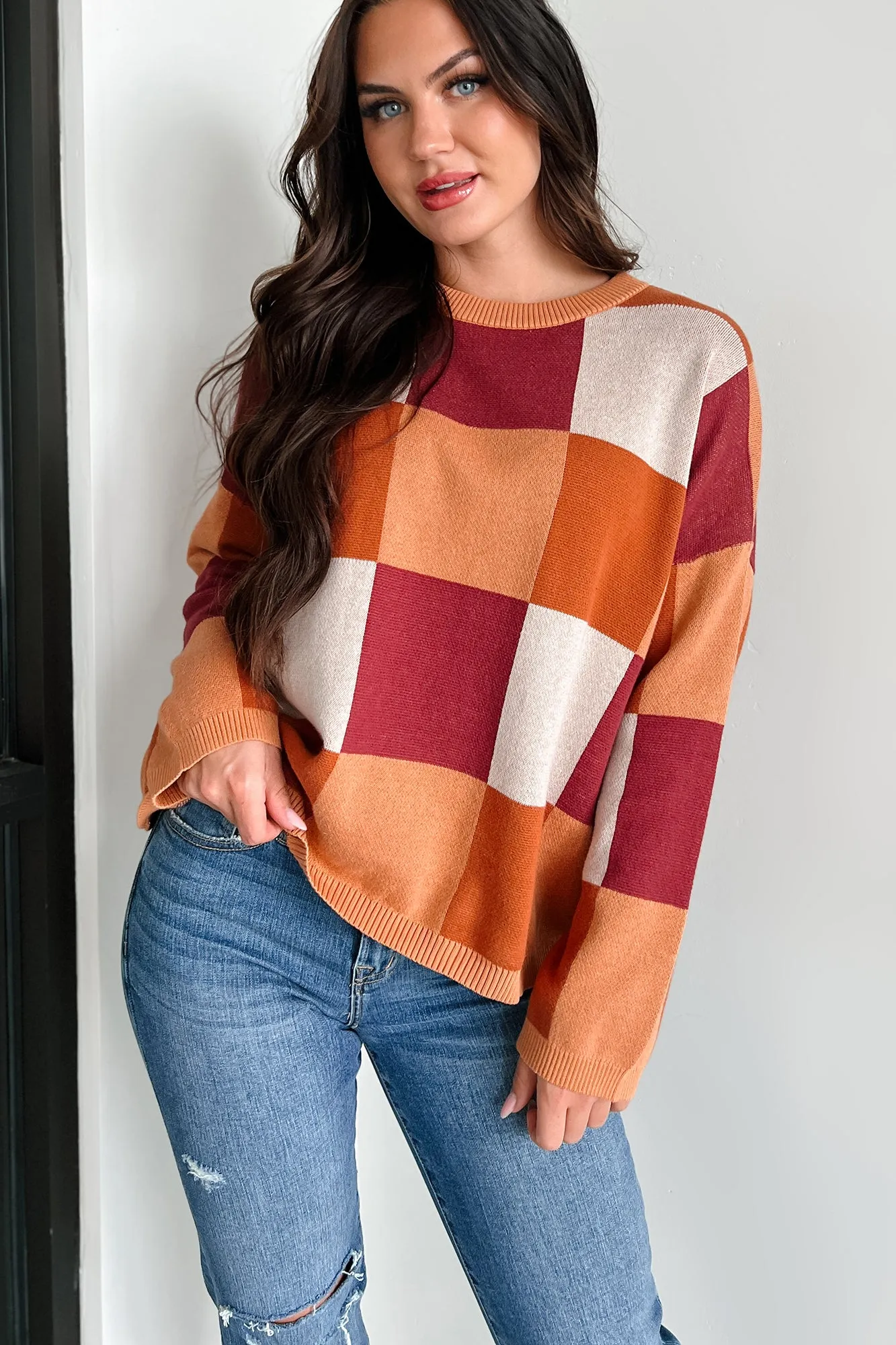 Under The Falling Leaves Colorblock Sweater (Brick Multi)