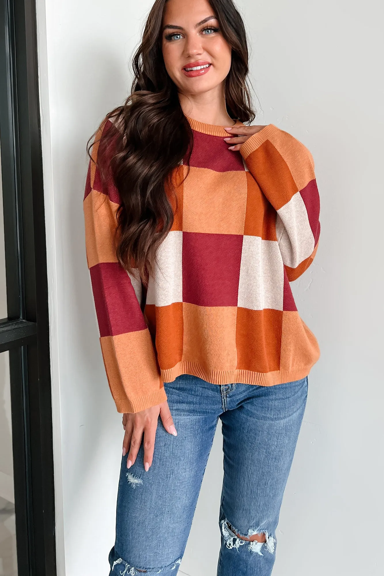 Under The Falling Leaves Colorblock Sweater (Brick Multi)