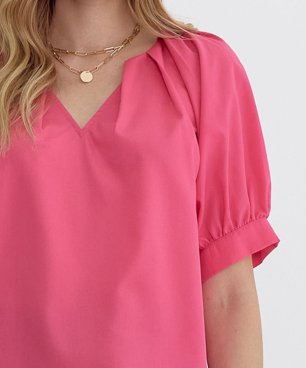 V-Neck Top with Pleat Detail - Pink OR Green