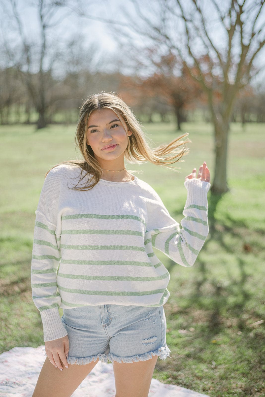 White & Green Striped Summer Sweater