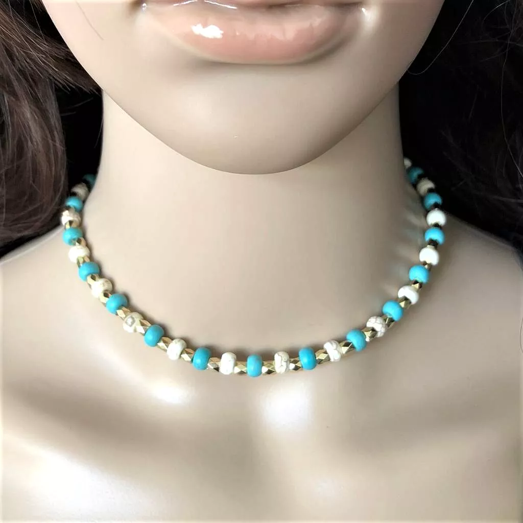 White and Turquoise Blue Magnesite and Gold Beaded Necklace