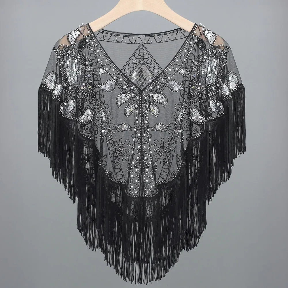 Women 1920s Sequined Shawl with Tassels Beaded Pearl Fringe Sheer Mesh Wraps Gatsby Flapper Bolero Cape Cover Up