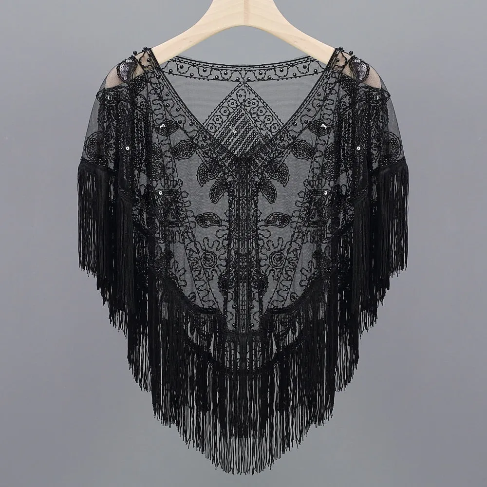 Women 1920s Sequined Shawl with Tassels Beaded Pearl Fringe Sheer Mesh Wraps Gatsby Flapper Bolero Cape Cover Up