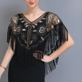 Women 1920s Sequined Shawl with Tassels Beaded Pearl Fringe Sheer Mesh Wraps Gatsby Flapper Bolero Cape Cover Up