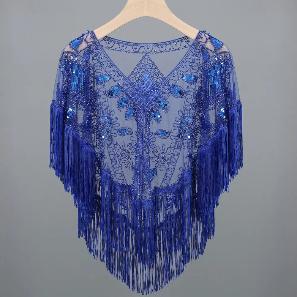 Women 1920s Sequined Shawl with Tassels Beaded Pearl Fringe Sheer Mesh Wraps Gatsby Flapper Bolero Cape Cover Up