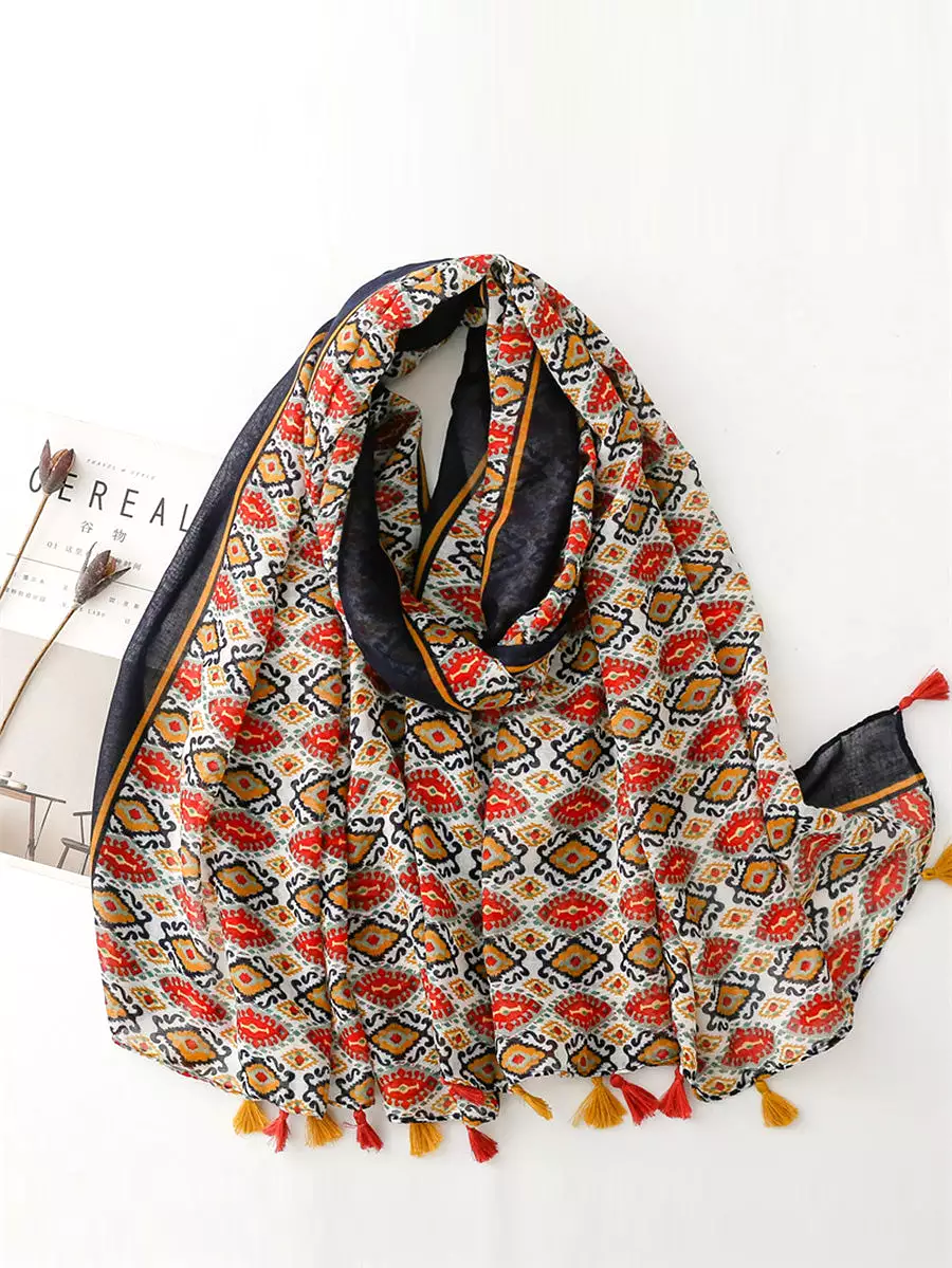 Women Ethnic Print Tassel Shawl Scarf KL1036