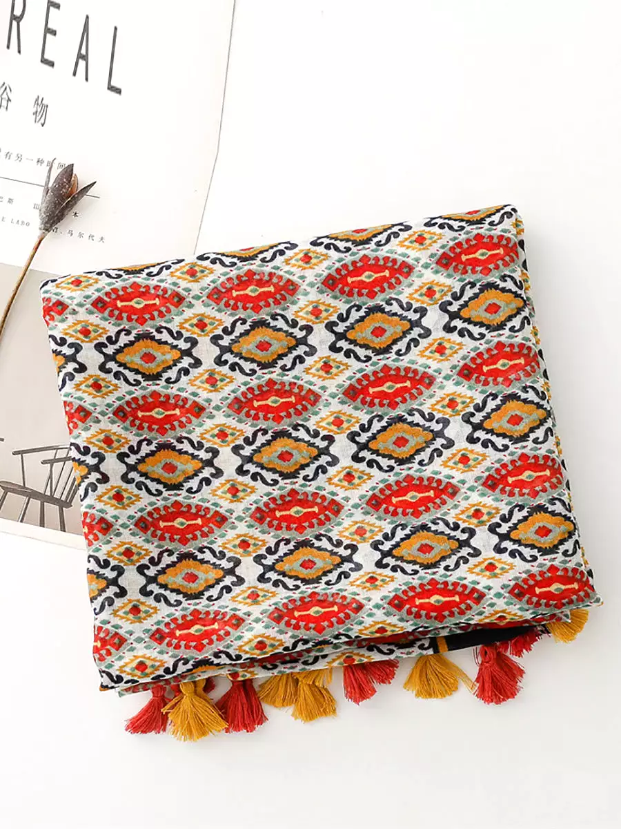 Women Ethnic Print Tassel Shawl Scarf KL1036