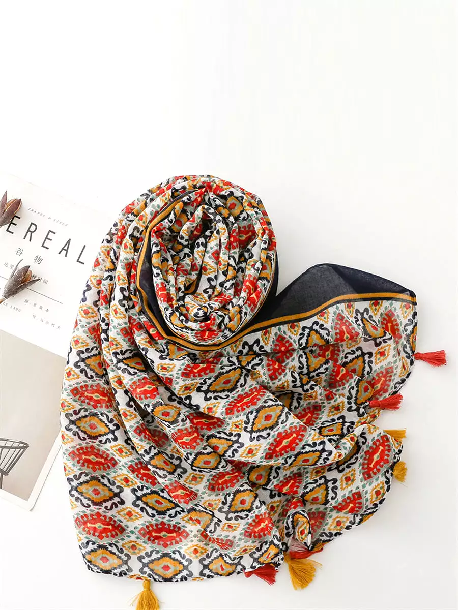 Women Ethnic Print Tassel Shawl Scarf KL1036