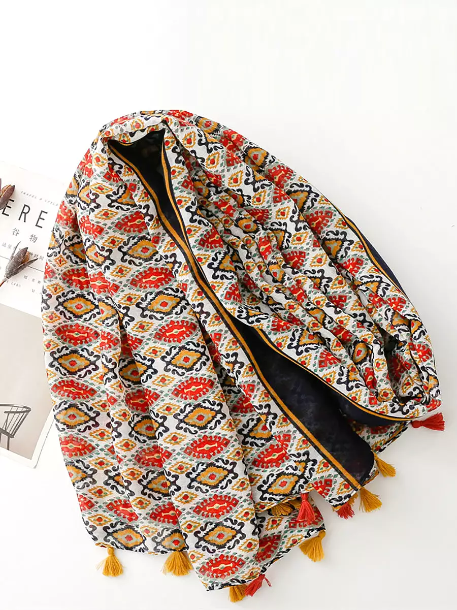 Women Ethnic Print Tassel Shawl Scarf PA1028