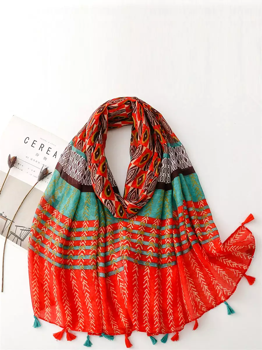 Women Summer Ethnic Print Tassel Shawl Scarf KL1020