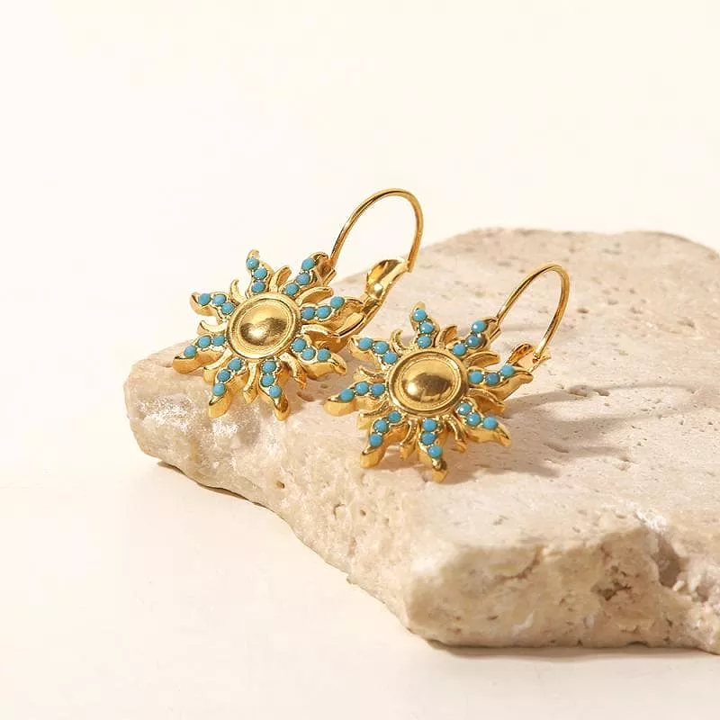 Women's Blue Turquoise Inlaid Sun Earrings